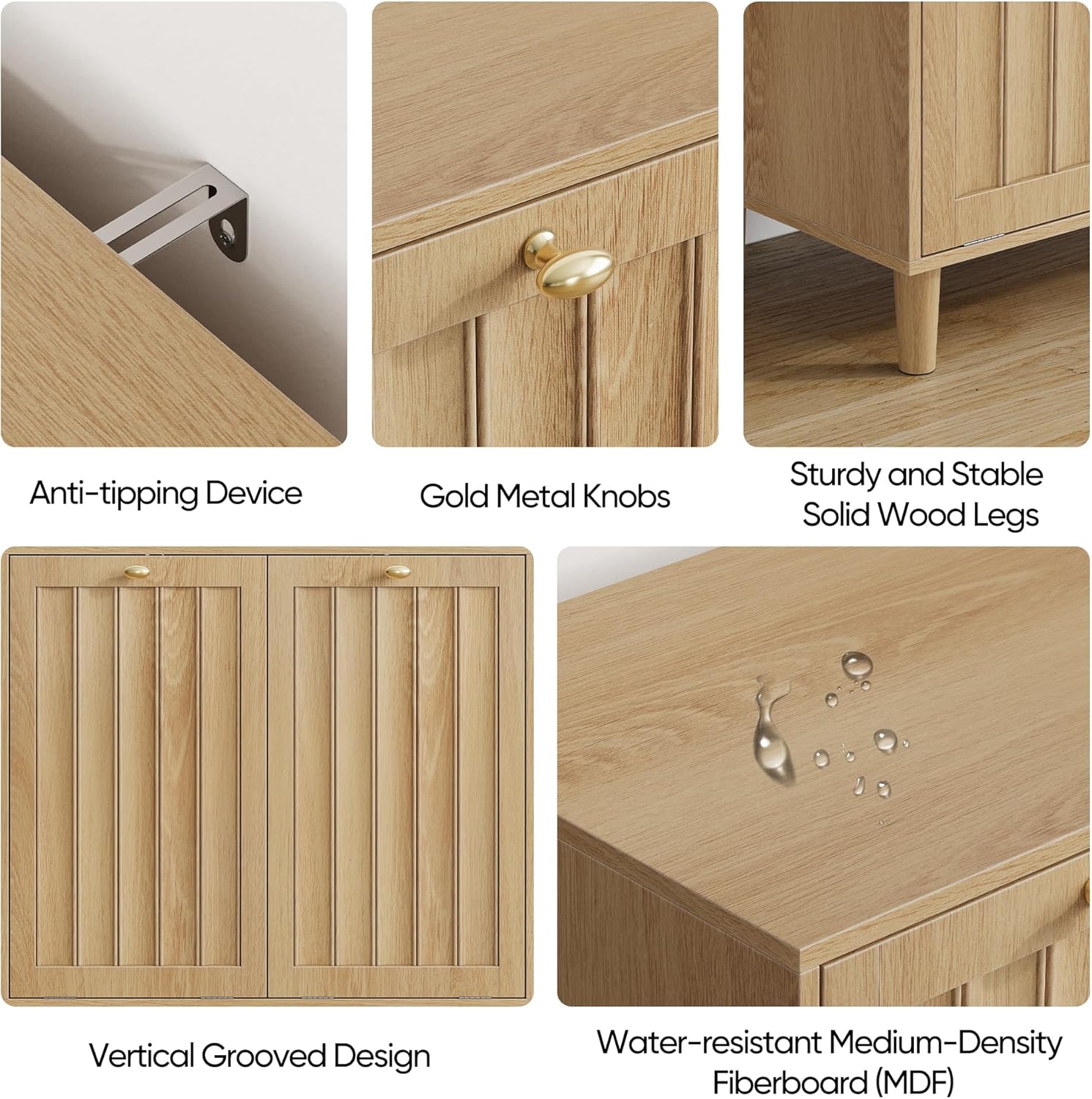 Double Tilt Out Laundry Cabinet,Natural Oak Fluted Finish, Smooth Tilt-Out Hidden Storage, Multi-Functional Organizer for Laundry Room Bathroom Kitchen Utility Space