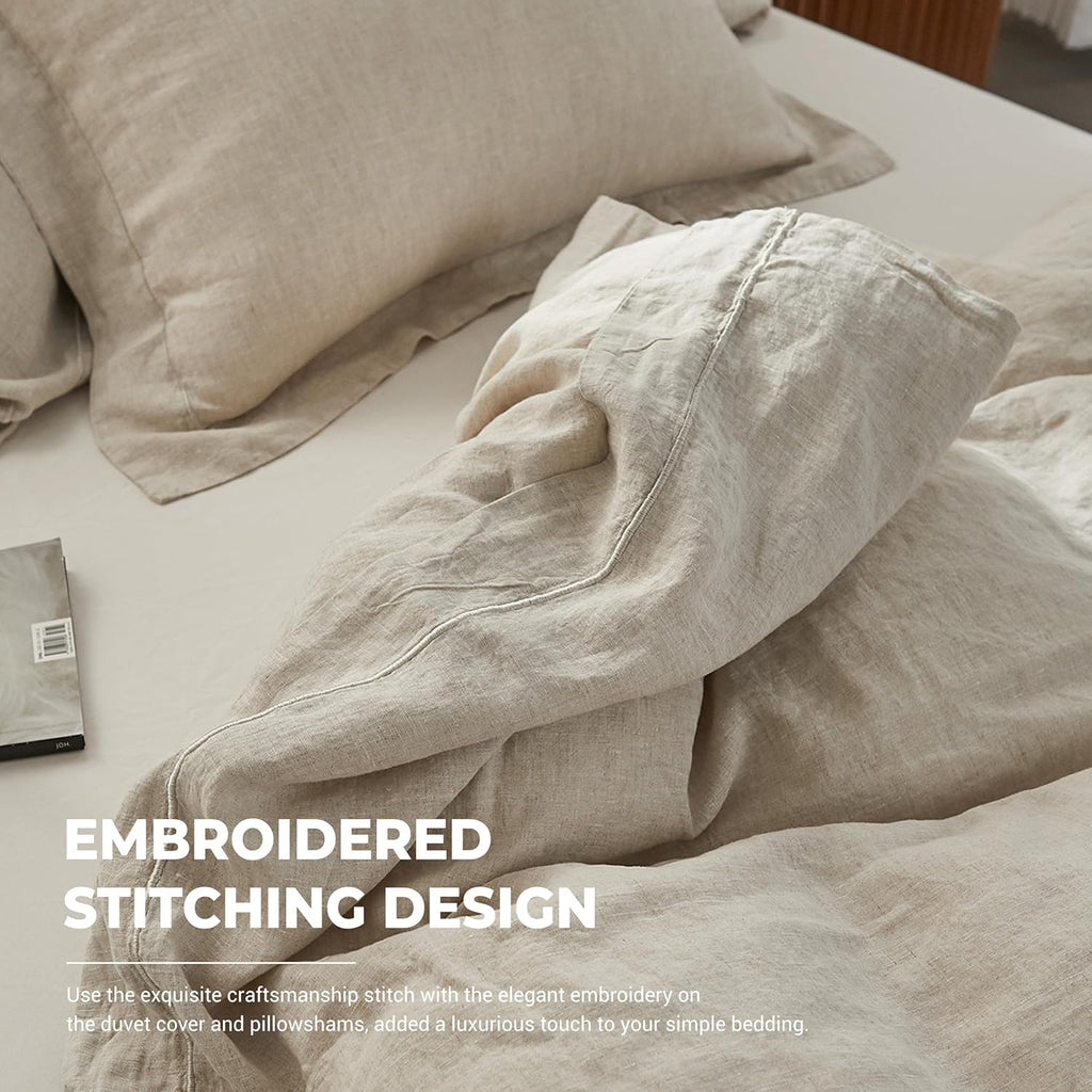 Simple&Opulence 100% Washed Linen Duvet Cover Set with Embroidered,3 Pieces Soft Farmhouse Comforter Set with Button Closure,1 Duvet Cover and 2 Pillowshams(King,Natural Linen)