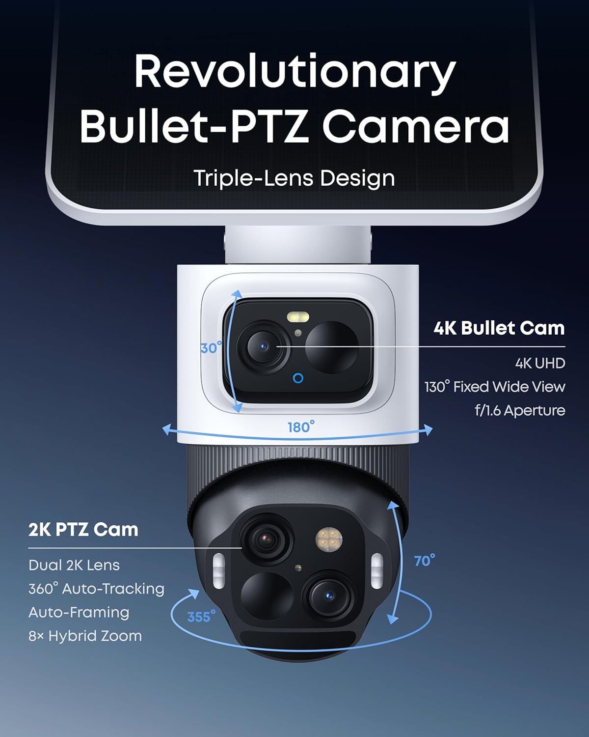 eufy Security eufyCam S4,4K Solar Camera Wireless Outdoor, Triple Lens Bullet-PTZ Cam, 360° View, 8X Auto Zoom, AI Recognition,AI Track, Color Night Vision, 0 Monthly Fee, Built in 32 GB Storage