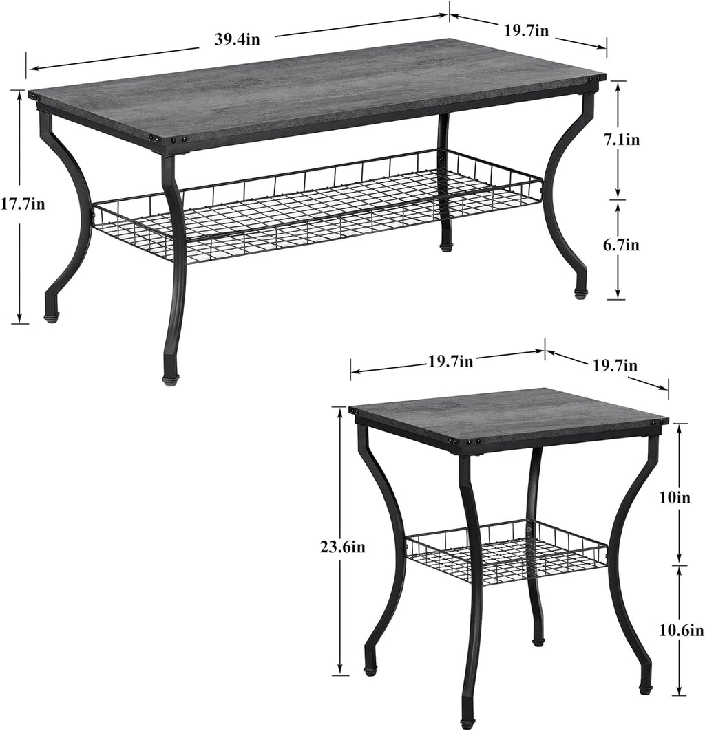 VECELO 3 Pieces Living Room Table Sets, Coffee and End Tables with Open Storage Shelves for Apartment, Home Office, Small Space, Easy Assembly, Dark Grey
