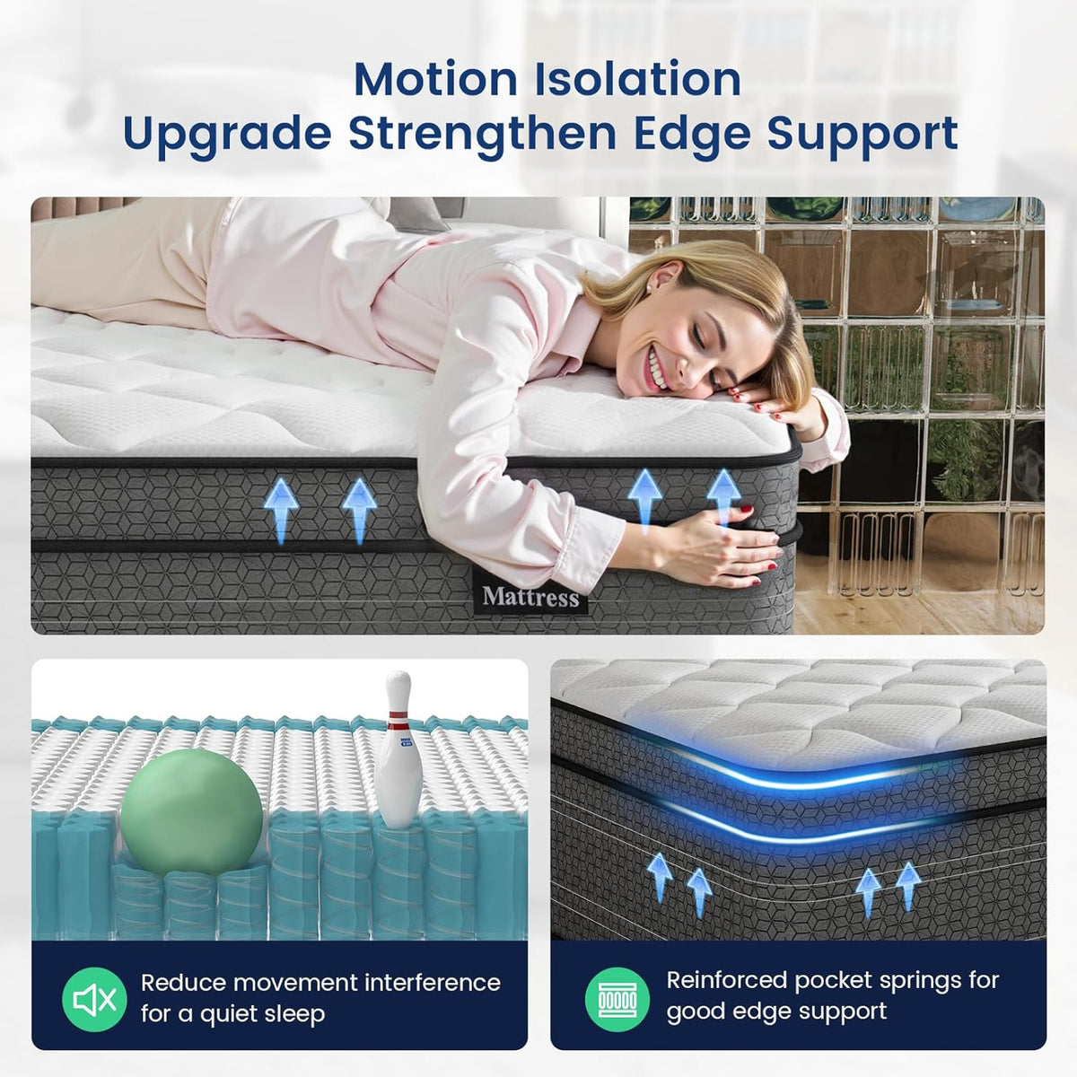 Ruoysun Queen Mattress, 14 Inch Medium Firm Hybrid Queen Size Mattress in a Box, Strong Edge Support, Motion Isolation, with 7-Zones Pocket Springs, Fiberglass-Free, Pressure Relief, CertiPUR-US