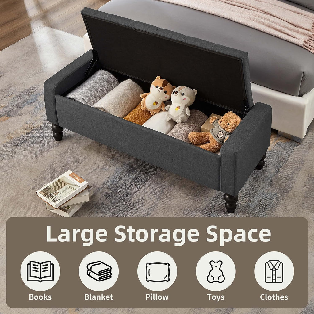 50" W Storage Ottoman Bench with Safety Hinge, Load up to 660 lb Ottoman with Storage, Upholstered Tufted Entryway Bench with Seating for Living Room, Bedroom, Entryway, Dark Gray