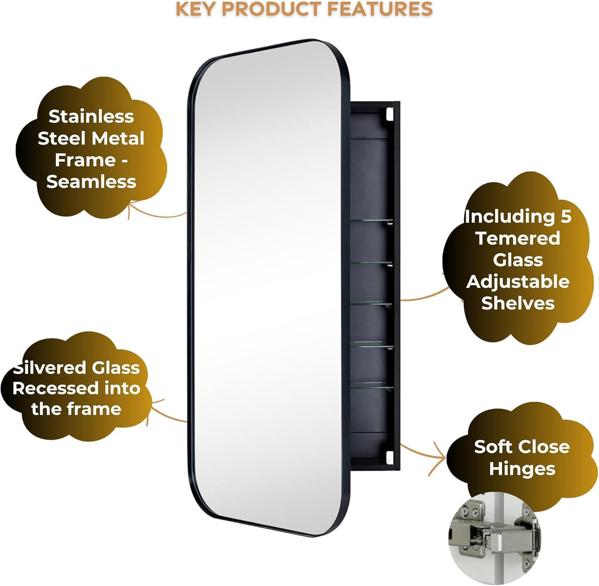 TEHOME Black Rectangle Long Bathroom Medicine Cabinet with Mirror Matt Black Recessed and Surface Mount Stainless Steel Metal Framed Rounded Rectangular Bathroom Cabinet with Mirror 20x40''