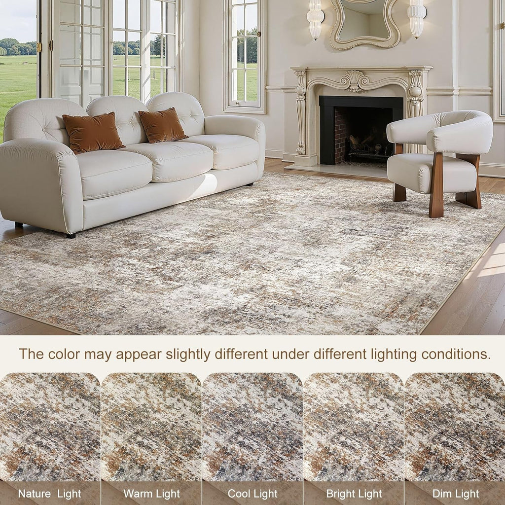 10x14 Area Rugs for Living Room: Washable Large Neutral Abstract Rug Soft Non Slip Stain Resistant Low Pile Indoor Carpet for Bedroom Dining Room Nursery Office Playroom - Brown Grey