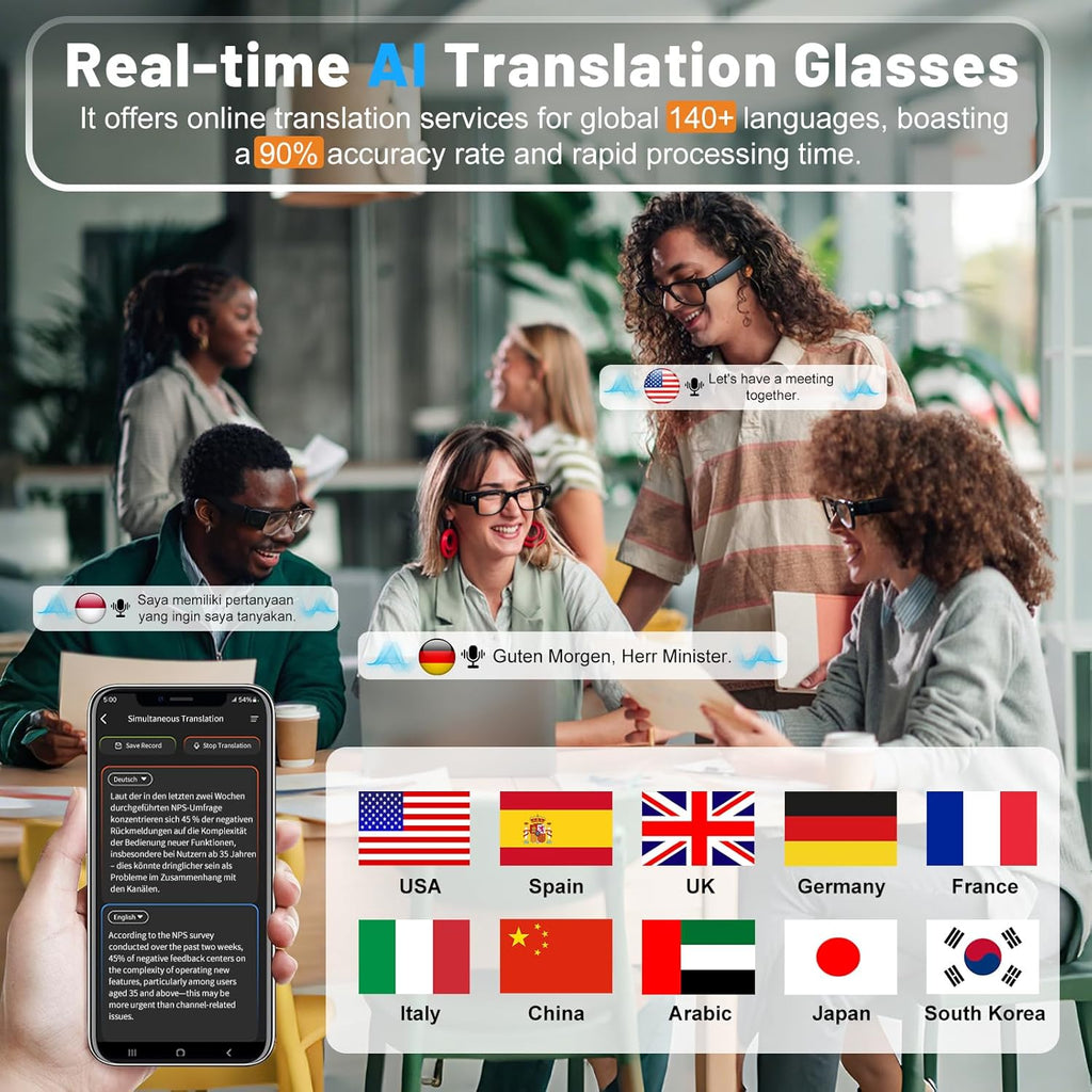 Smart Glasses with Camera with 3600mAh Charging Case, 8MP HD Video Recording with Anti-Shake POV Camera, AI Voice Assistant, Photochromic Glasses with AI Translation for Travel Vlog Business