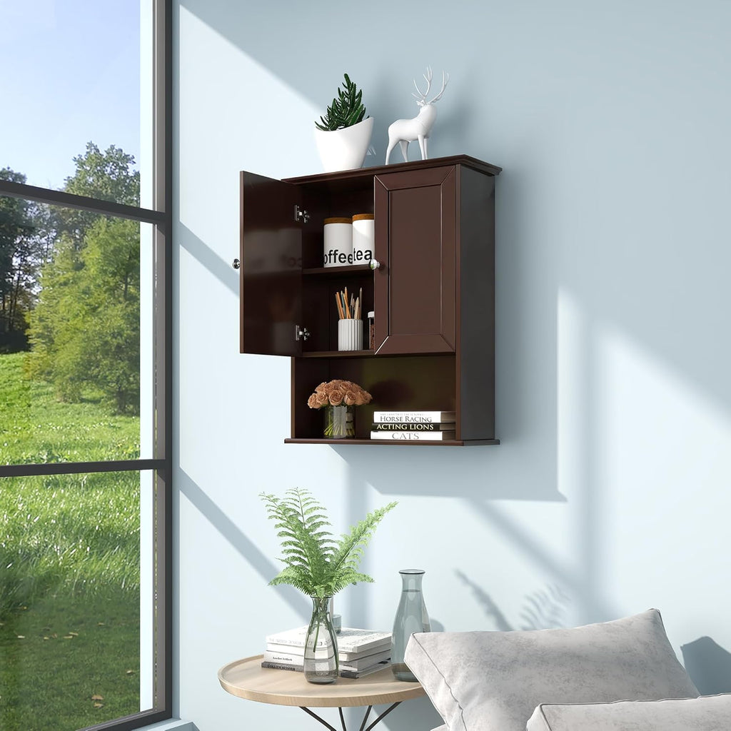 VANIRROR Bathroom Wall Cabinet Expresso Over Toilet Storage - 24x30 in Above Toilet Wood Medicine Cabinet with Adjustable Shelf & 2 Door Mounted Wall Cabinet