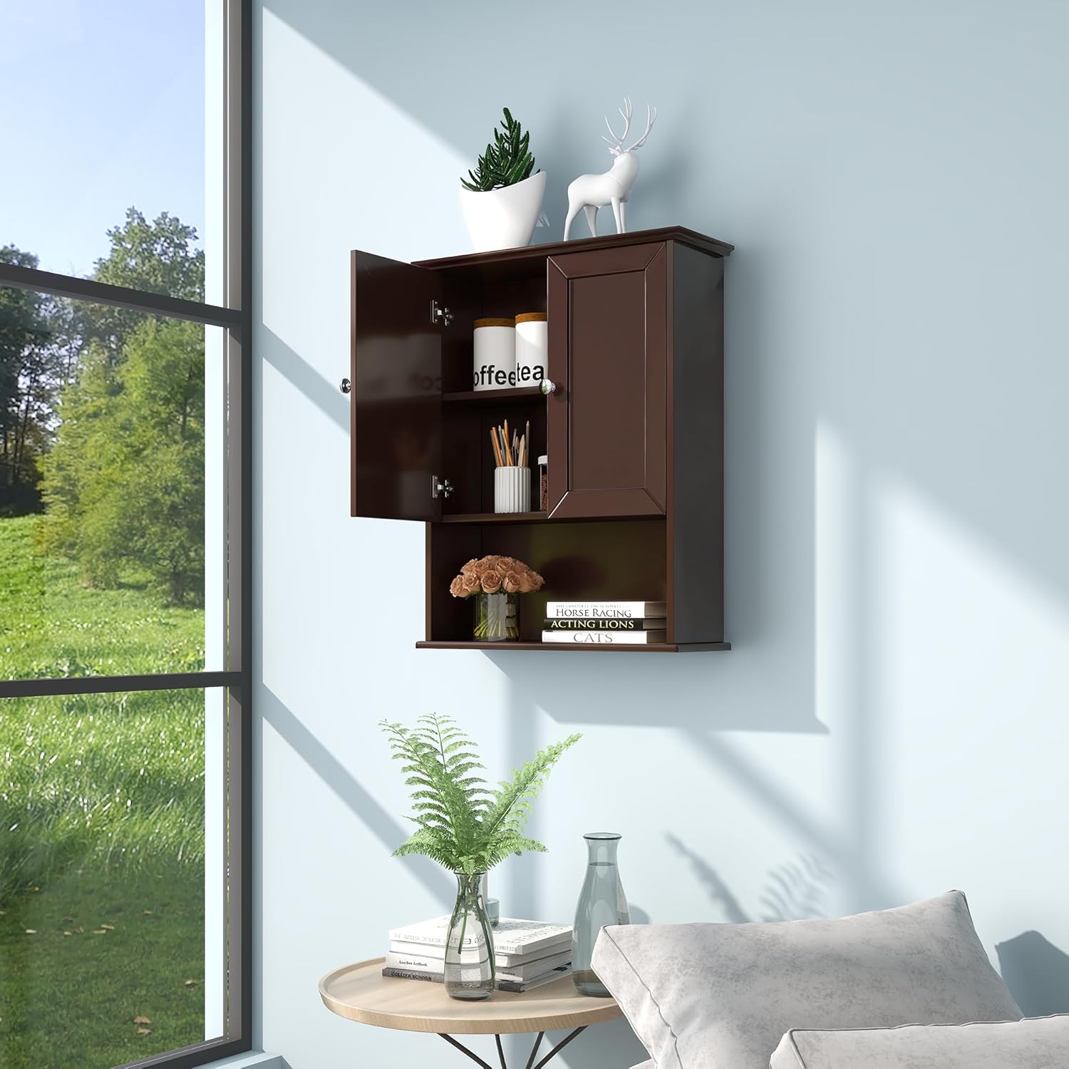 VANIRROR Bathroom Wall Cabinet Expresso Over Toilet Storage - 24x30 in Above Toilet Wood Medicine Cabinet with Adjustable Shelf & 2 Door Mounted Wall Cabinet