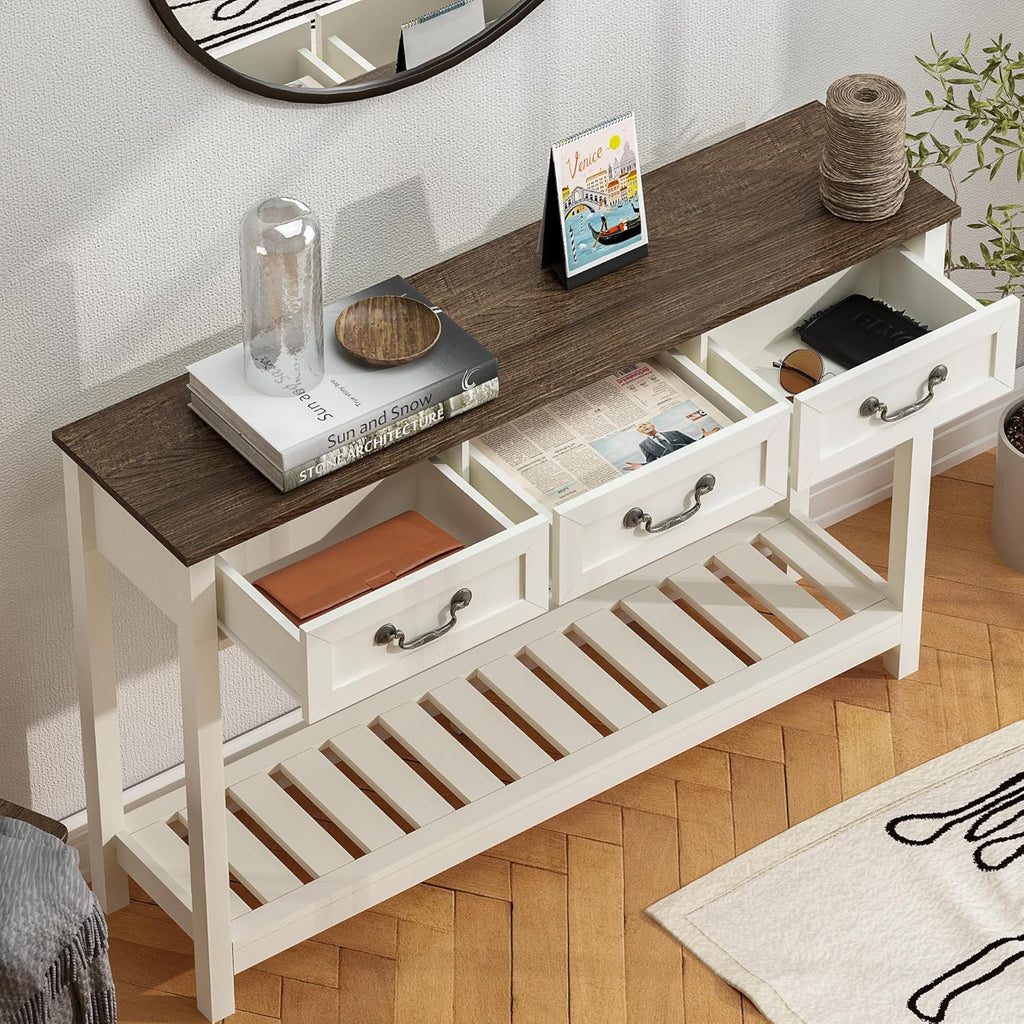 ChooChoo 47" Farmhouse Console Table with 3 Drawers, Rustic Entryway Table, Narrow Long Sofa Table for Living Room, Hallway, Behind Couch, Soft White and Brown