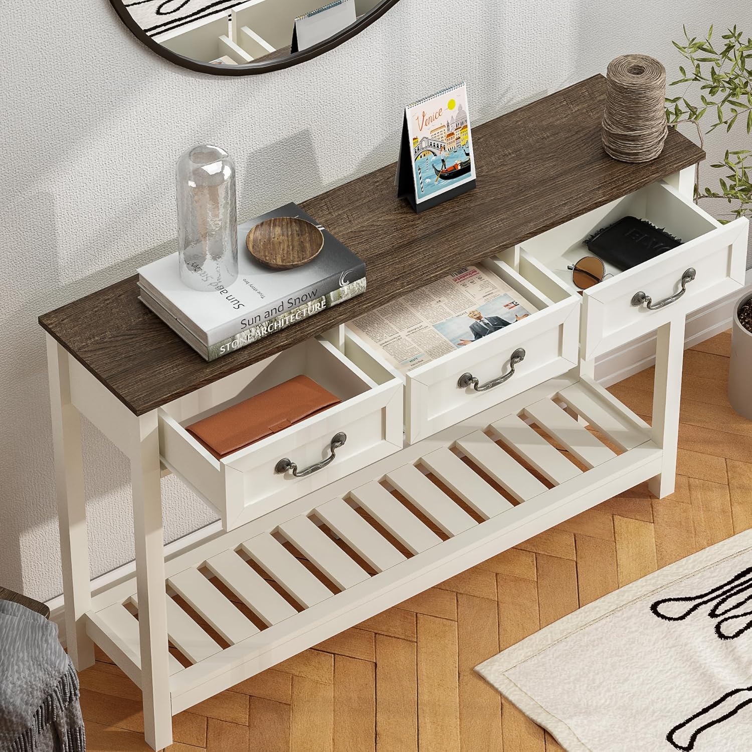 ChooChoo 47" Farmhouse Console Table with 3 Drawers, Rustic Entryway Table, Narrow Long Sofa Table for Living Room, Hallway, Behind Couch, Soft White and Brown