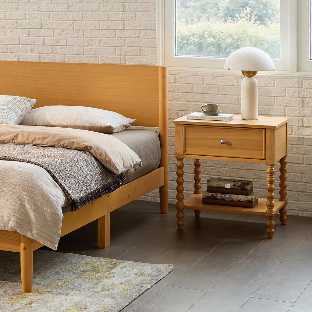 AMERLIFE 24" Wood Nightstand Set of 2, Vintage Bedside Table for Bedroom, Solid Wood Night Stand with Turned Legs, End Table with Drawer & Open Shelf, Natural Finish
