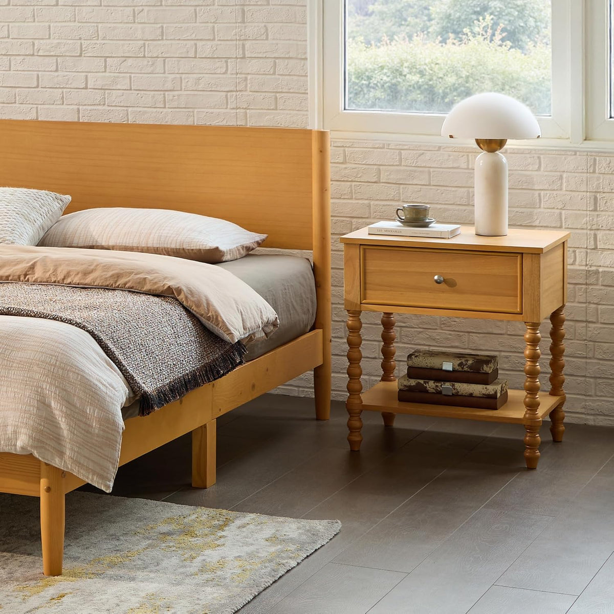 AMERLIFE 24" Wood Nightstand Set of 2, Vintage Bedside Table for Bedroom, Solid Wood Night Stand with Turned Legs, End Table with Drawer & Open Shelf, Natural Finish