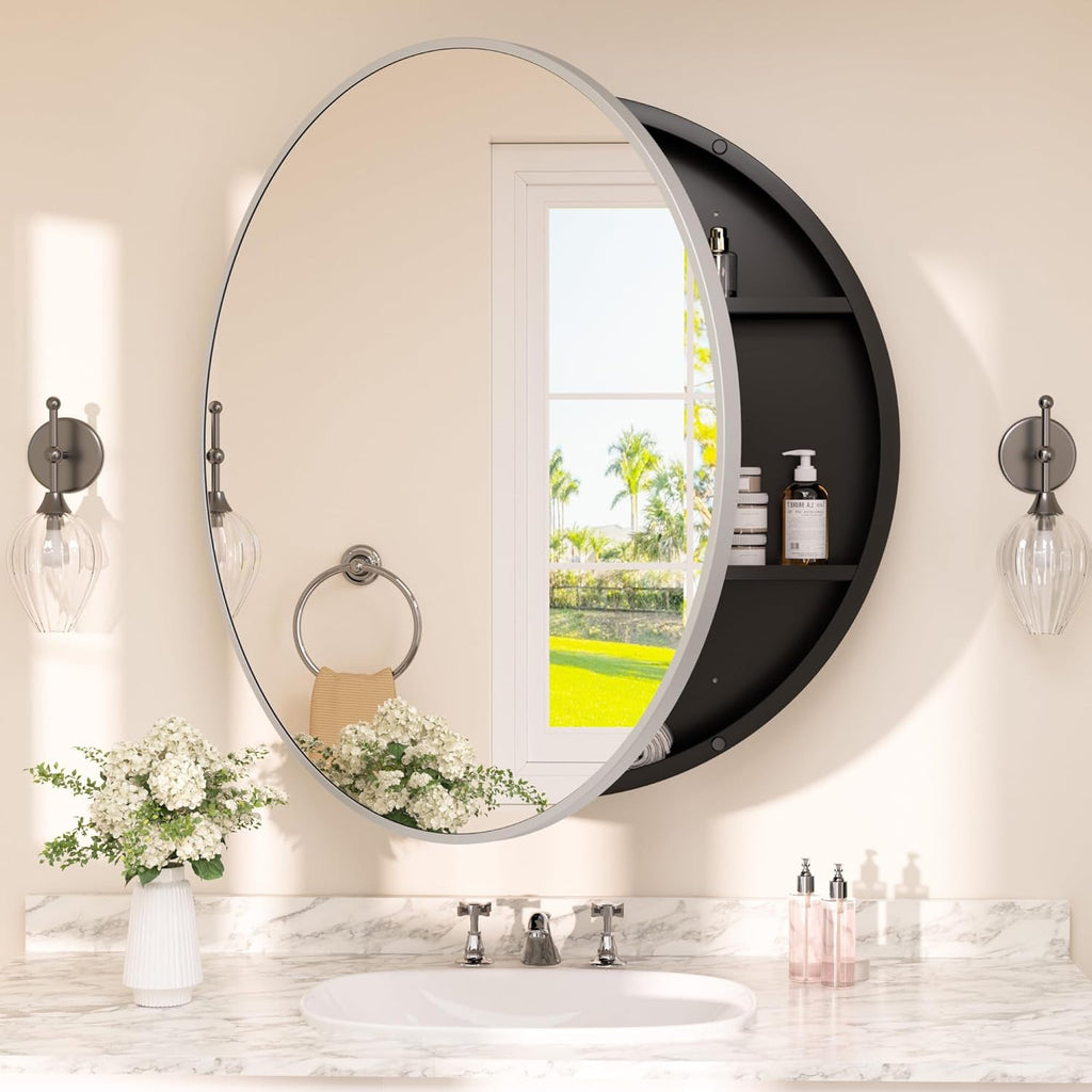 TETOTE Bathroom Mirror Cabinet 28 x 28 Matte Silver Gray Round Bathroom Medicine Cabinet with Mirror Adjustable Shelves Farmhouse Wall Mirror with Storage Surface Mounted