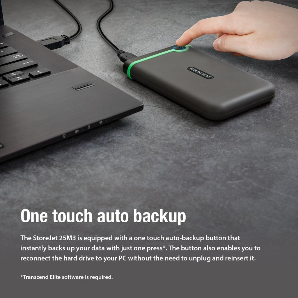 Transcend StoreJet 2TB Rugged External Hard Drive, USB3.1(5Gbps) Portable HDD w/One Touch Auto-Backup Button/Anti-Shock Resistant/Compact&Lightweight/Lightning-Fast Speeds, Iron Gray - TS2TSJ25M3S