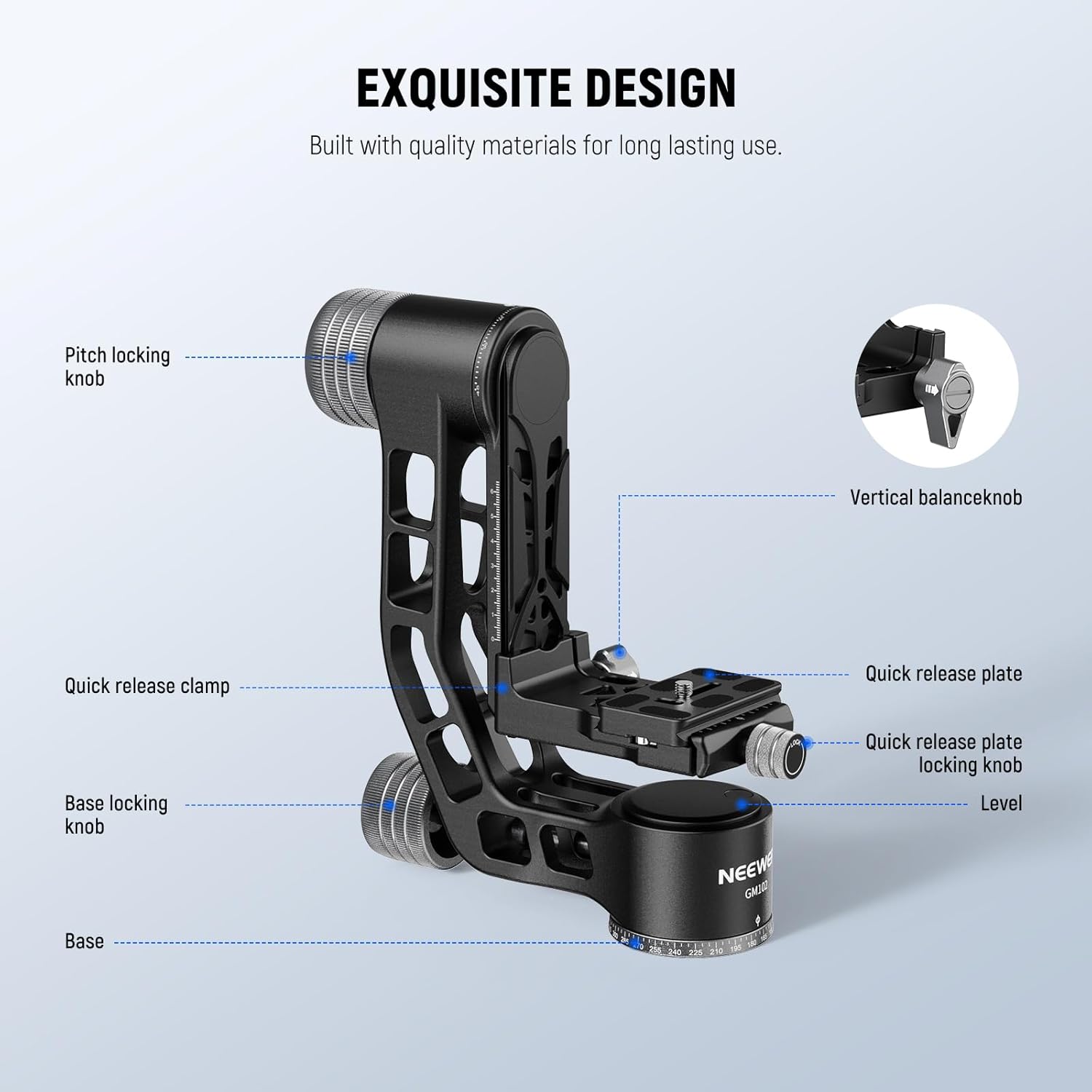 NEEWER GM102 Gimbal Head for Tripod Monopod Telephoto Lenses, 360° Panoramic Camera Tripod Head, 3 Axis Adjustment, Heavy Duty CNC Aluminum Alloy, Arca Type Quick Release System, Max Load 33lb/15kg