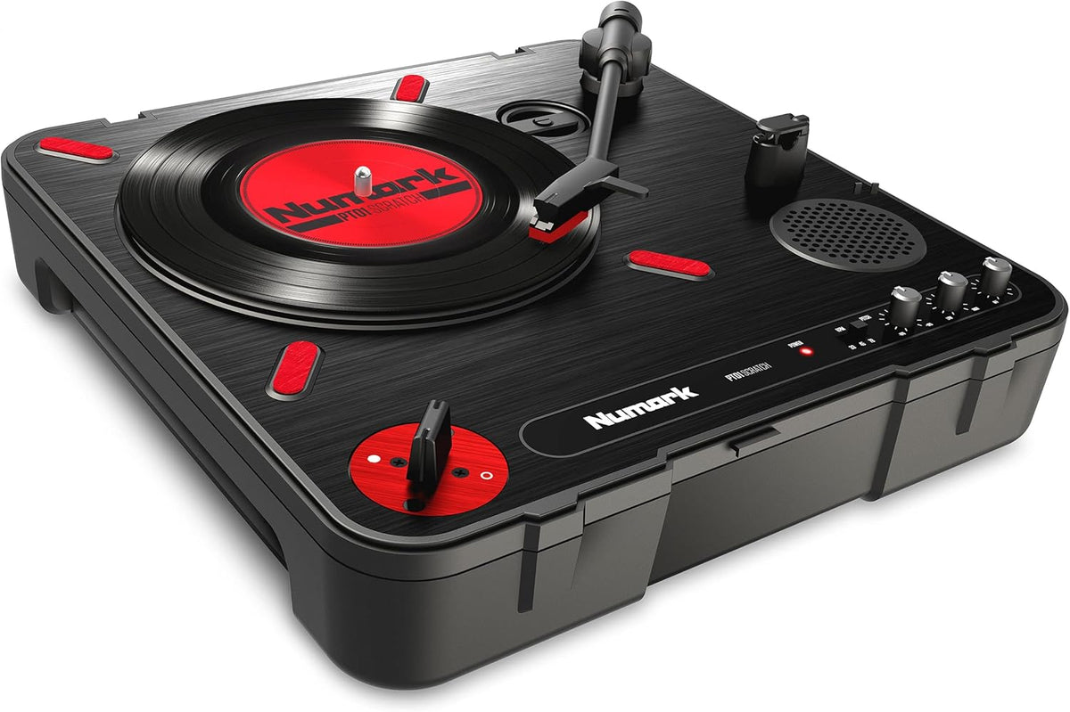 Numark PT01 Scratch | DJ Turntable for Portablists With User Replaceable Scratch Switch, Built In Speaker, Power via Battery or AC Adapter, Three Speed RPM Selection & USB Connectivity