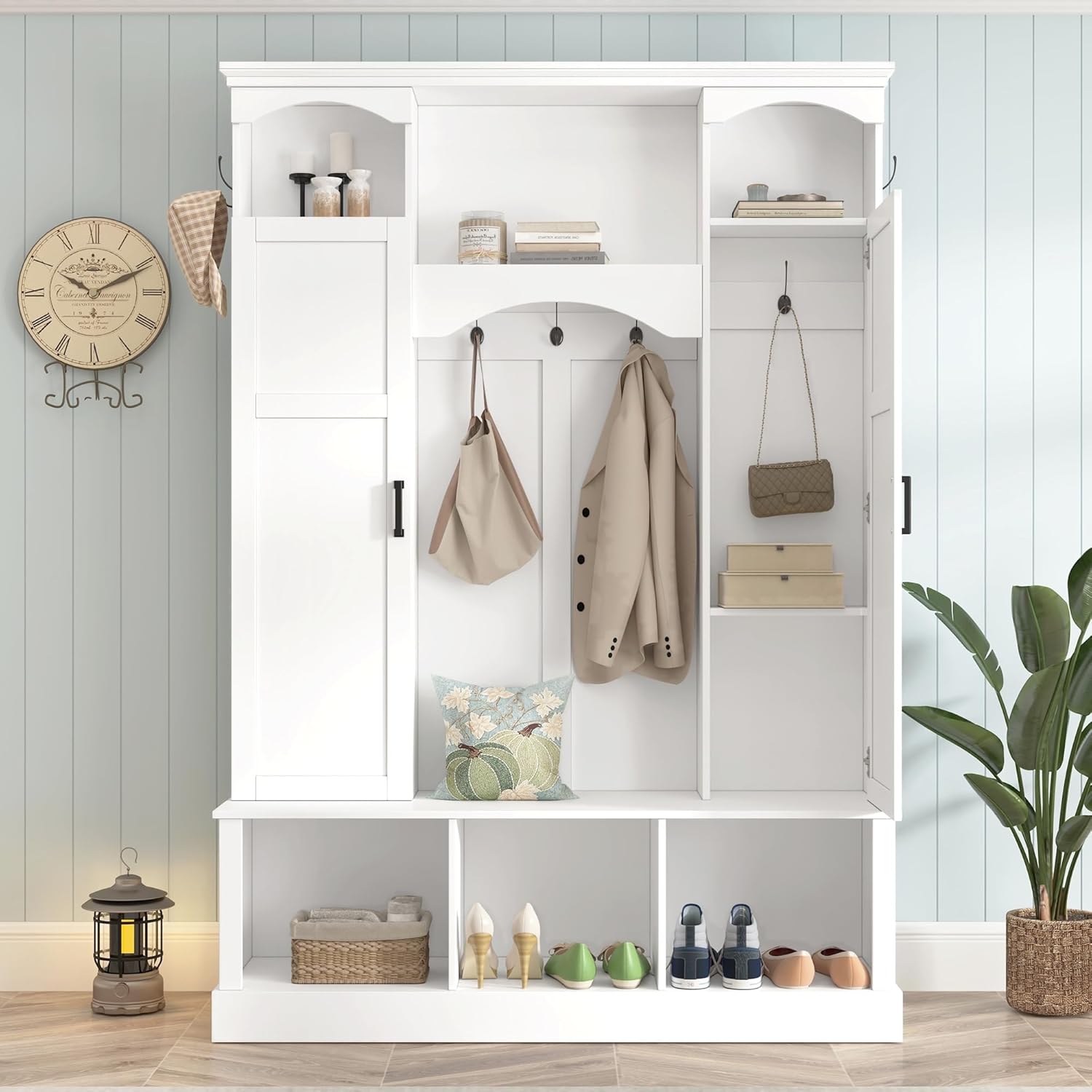 Modern All-in-One Hall Tree with Adjustable Shelves, Classic Arched Farmhouse Storage Bench with Dual Side Cabinets, Elegant Entryway Organizer with 7 Hooks for Mudroom, Hallway, White