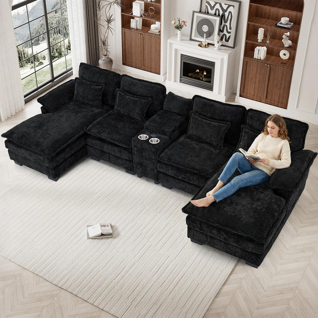 133" Oversized U Shaped Cloud Couch Modular Sectional Couches for Living Room Comfy Chenille Deep Seat Sofa Set with Double Chaise Lounge, Storage Central Console, Cup Holders, USB Port, Dark Black