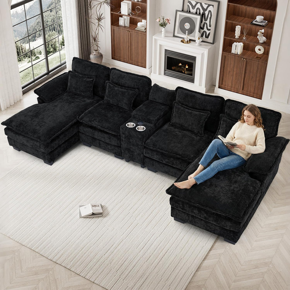 133" Oversized U Shaped Cloud Couch Modular Sectional Couches for Living Room Comfy Chenille Deep Seat Sofa Set with Double Chaise Lounge, Storage Central Console, Cup Holders, USB Port, Dark Black