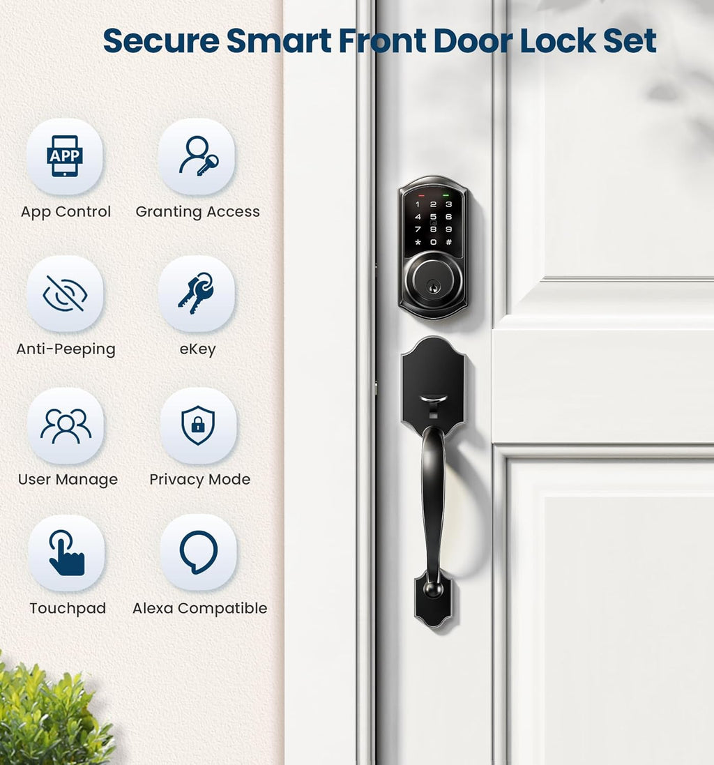 Veise VE06-H Smart Front Door Lock Set, App Control, Keyless Entry Deadbolt with Lever Handle, Electronic Digital Touchscreen Keypad, Auto Lock, Easy Install, Matte Black