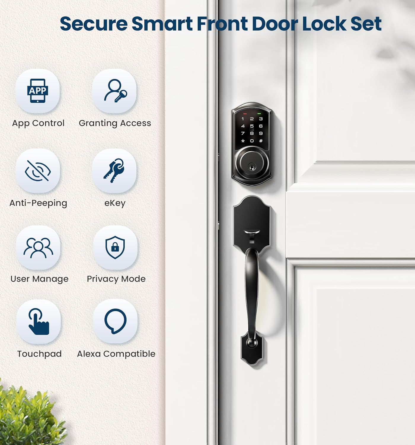 Veise VE06-H Smart Front Door Lock Set, App Control, Keyless Entry Deadbolt with Lever Handle, Electronic Digital Touchscreen Keypad, Auto Lock, Easy Install, Matte Black