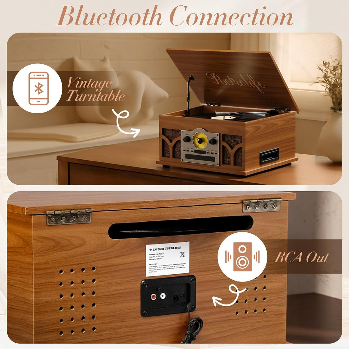 10-in-1 Record Player with Built-in Speakers Wireless Playback, CD & Cassette Player, USB Player, AM/FM Radio, 3 Speeds Turntable Vinyl Record Player Mahogany