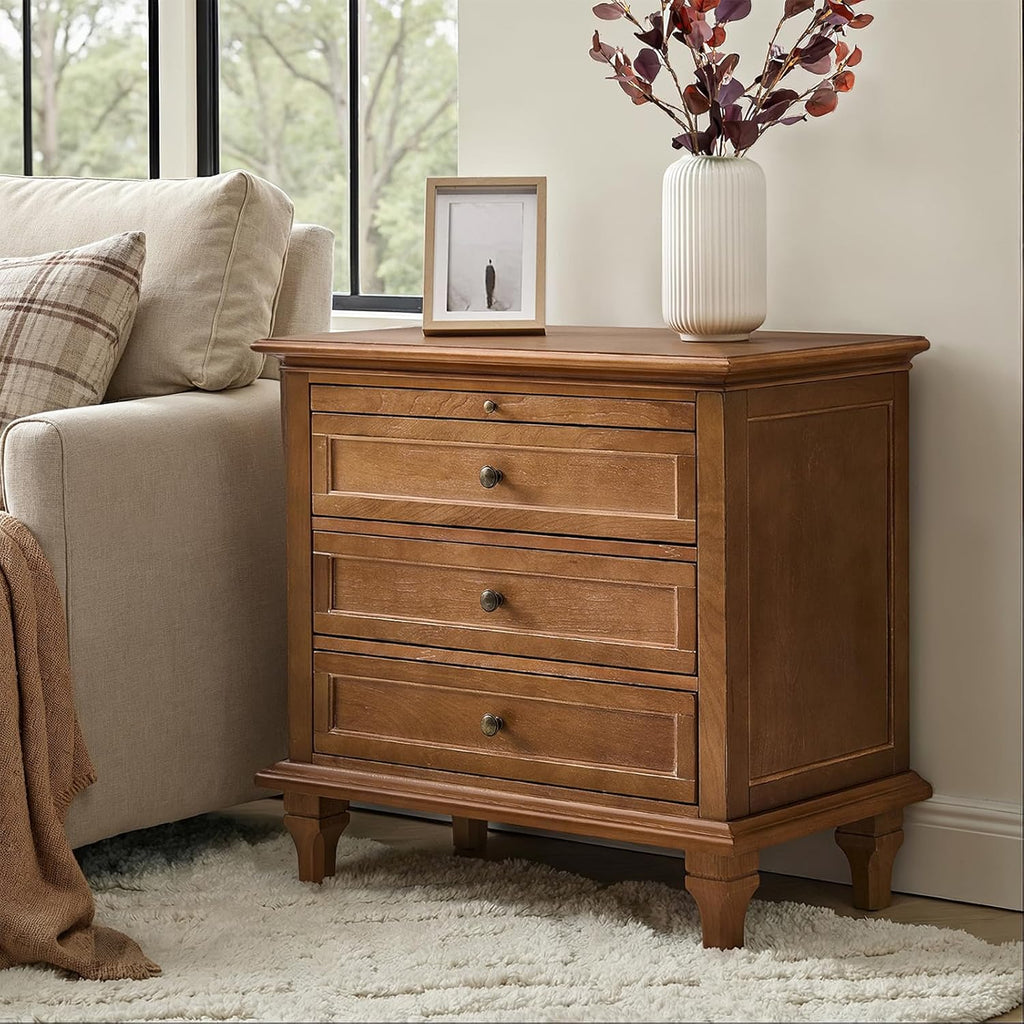 HULALA HOME Farmhouse 3 Drawer End Table with Tray, Drawer Organizer with Solid Wood Legs, End Table with Charging Station（Acorn）