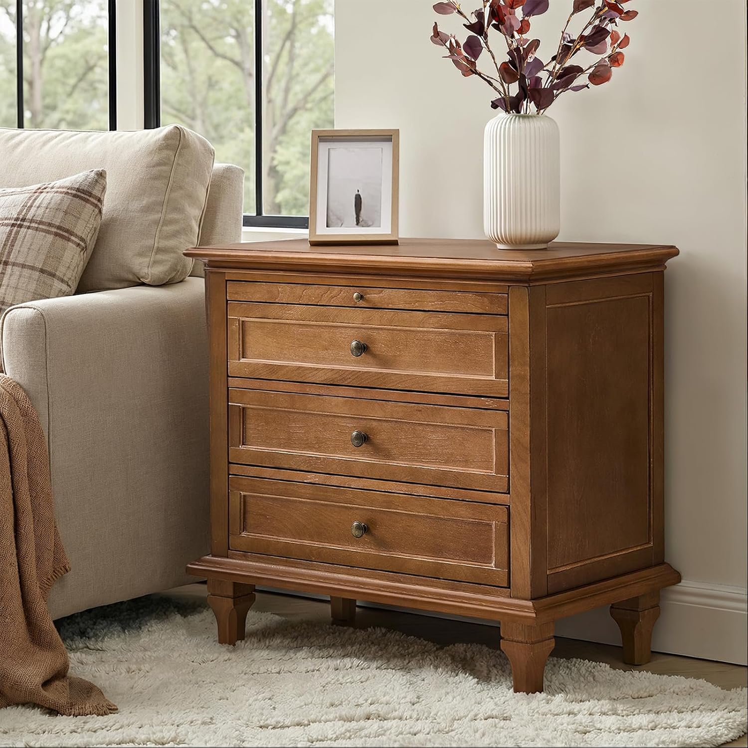 HULALA HOME Farmhouse 3 Drawer End Table with Tray, Drawer Organizer with Solid Wood Legs, End Table with Charging Station（Acorn）