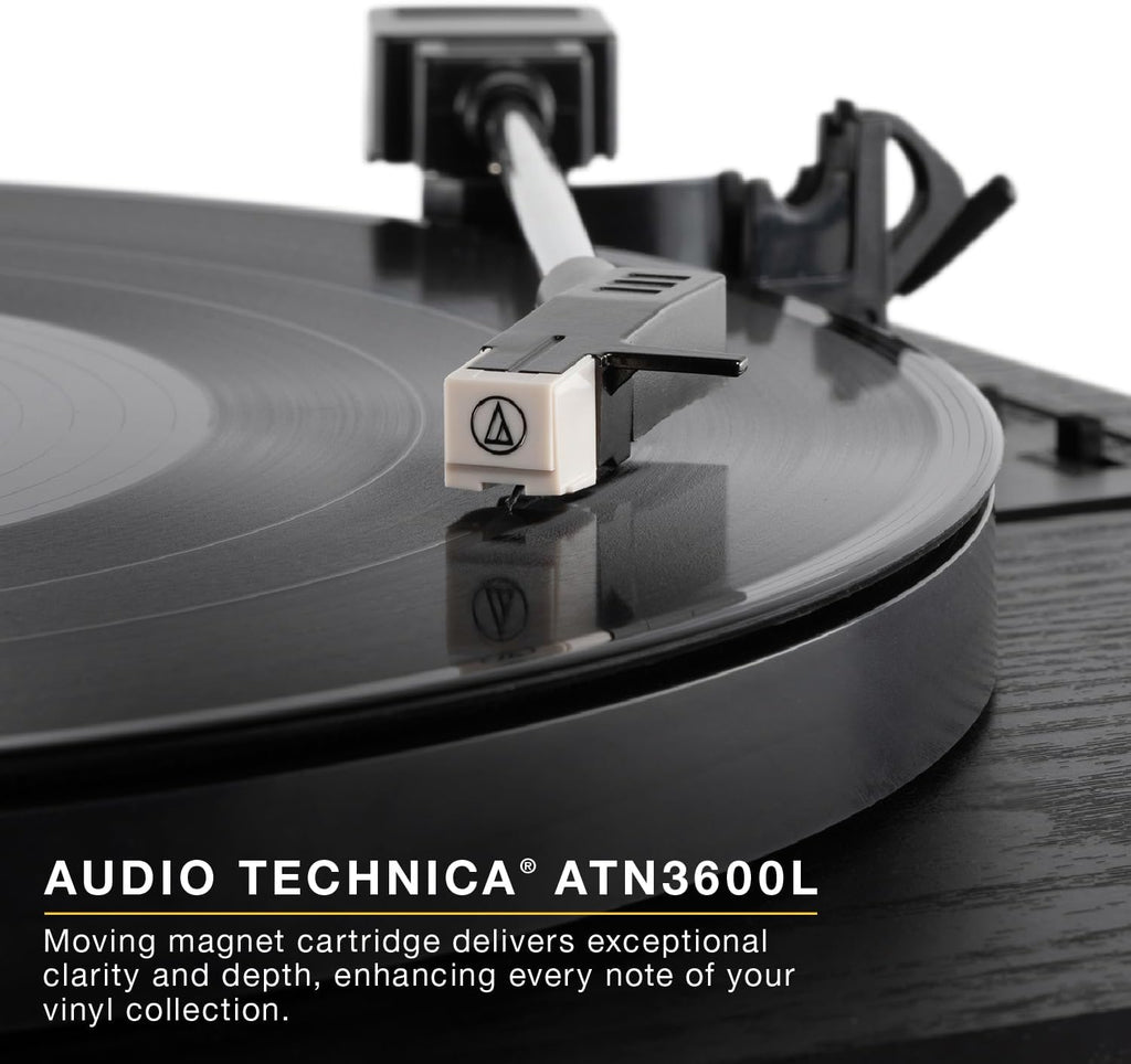 Victrola Harmony – Bluetooth Turntable System– 3-Speed Vinyl Record Player, Stereo Bookshelf Speakers, Mid-Century Modern Design, Audio Technica ATN3600L, Bluetooth Input and Output (Black)