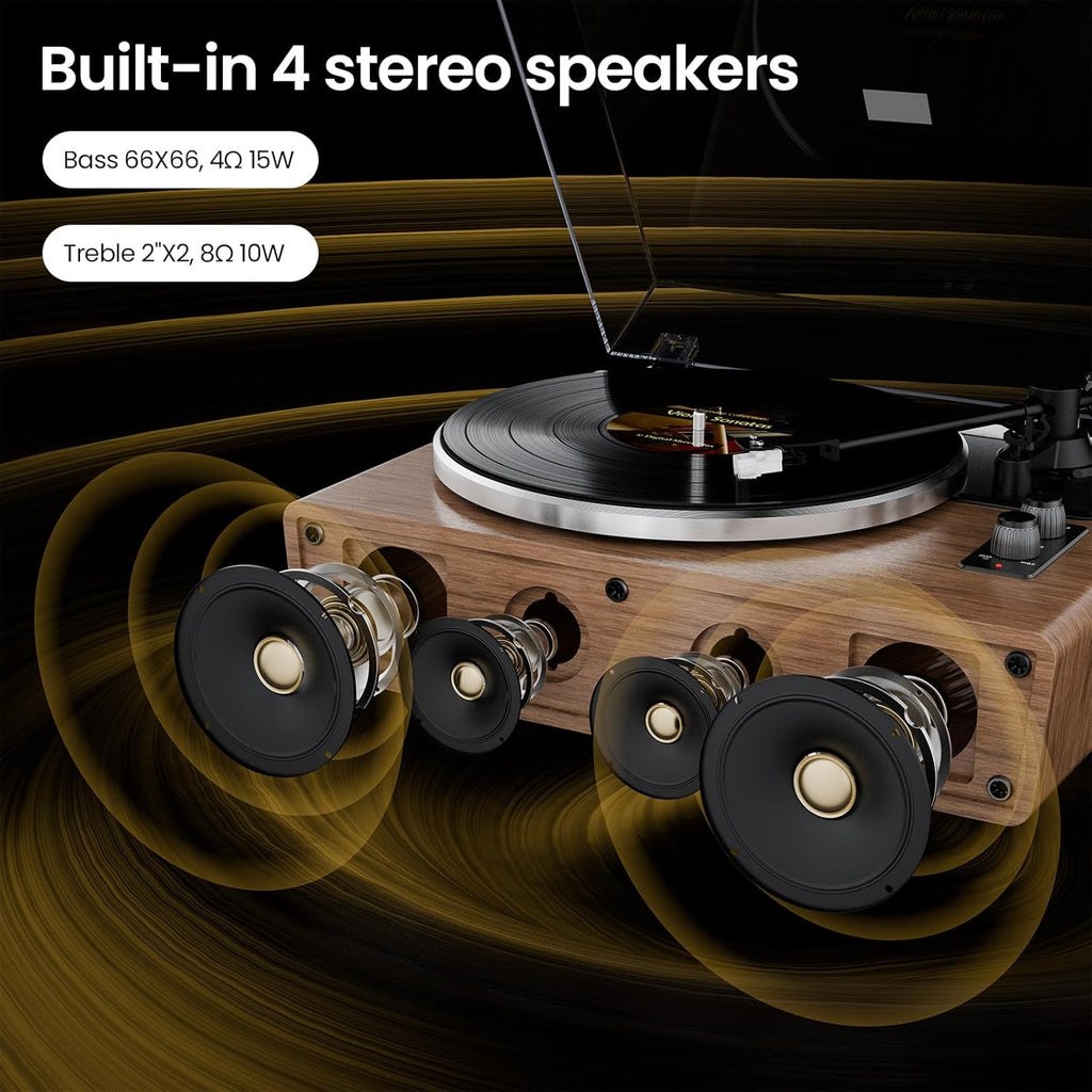 XJ-HOME All in One Vinyl Record Player with 4 Treble/Bass Stereo Speakers,Bluetooth HiFi Turntables for Vinyl Records with Magnetic Cartridge AT-3600L,Phono Preamp,33/45RPM,2-Speed,AUX in/RCA Out
