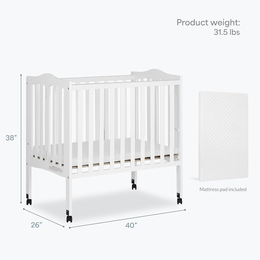 Dream On Me 2-In-1 Lightweight Folding Portable Stationary Side Crib In White, Greenguard Gold Certified, Baby Crib To Playpen, Folds Flat For Storage, Locking Wheels