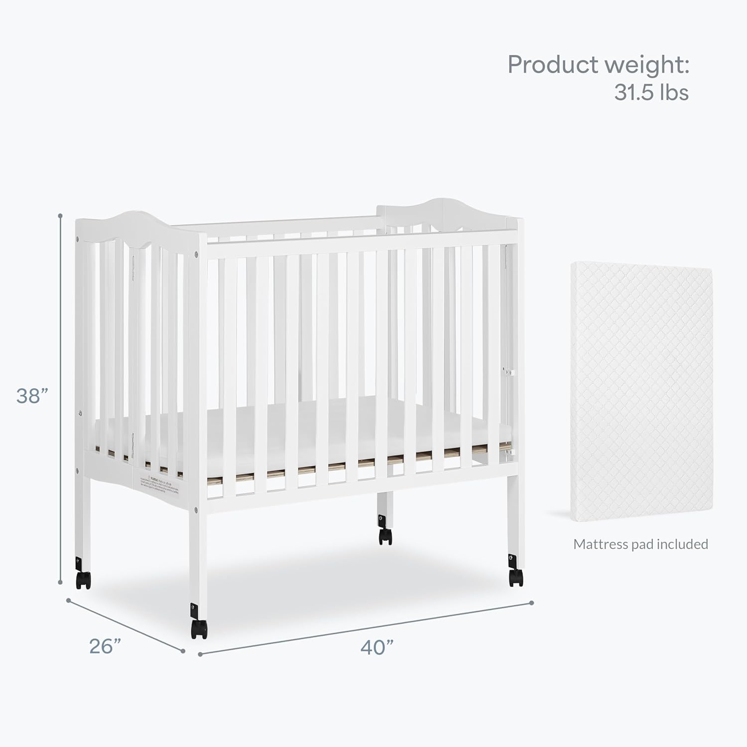 Dream On Me 2-In-1 Lightweight Folding Portable Stationary Side Crib In White, Greenguard Gold Certified, Baby Crib To Playpen, Folds Flat For Storage, Locking Wheels