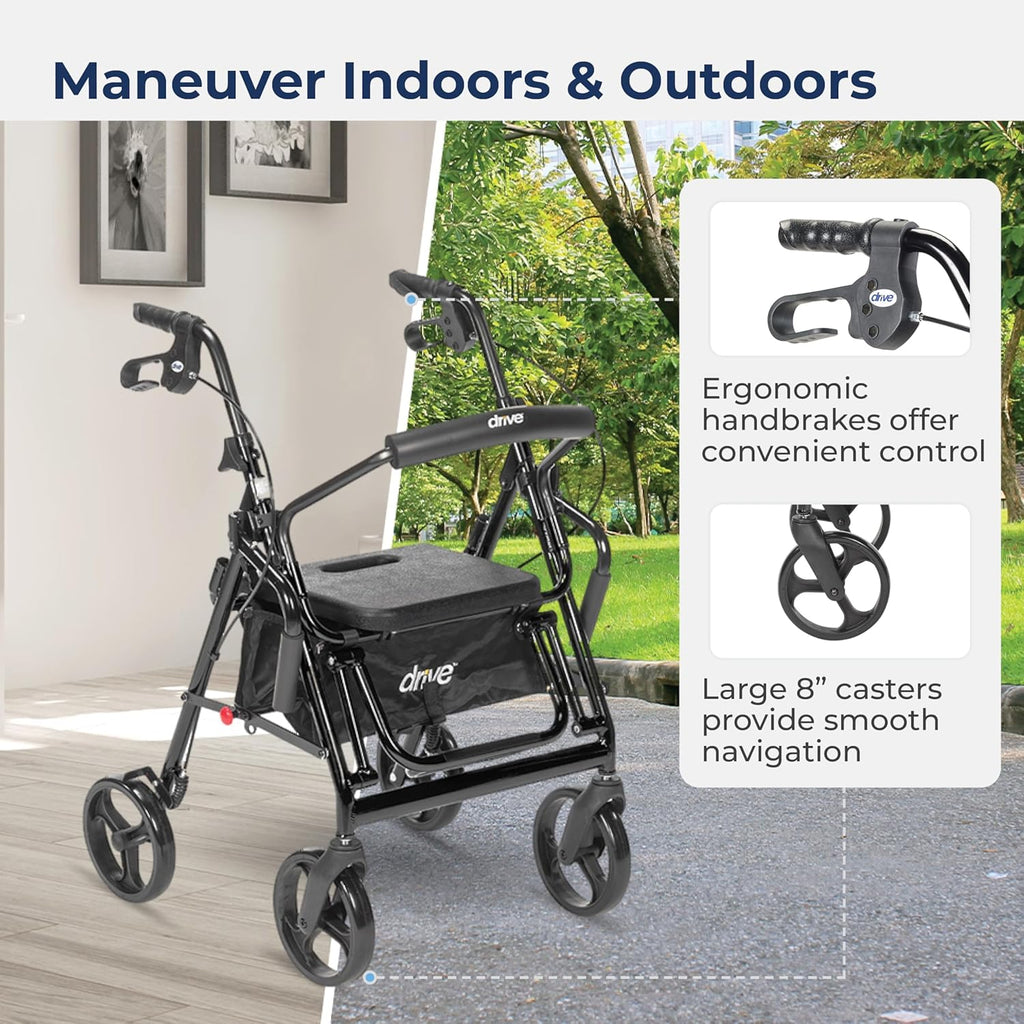 Drive Medical 795BK Duet Folding Transport Wheelchair and Rollator Walker, Black