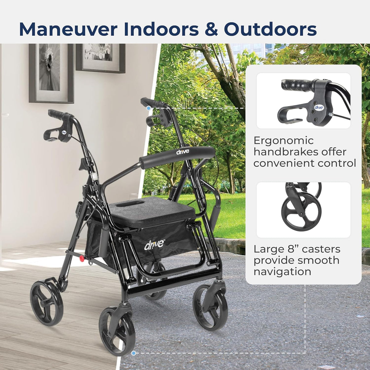 Drive Medical 795BK Duet Folding Transport Wheelchair and Rollator Walker, Black