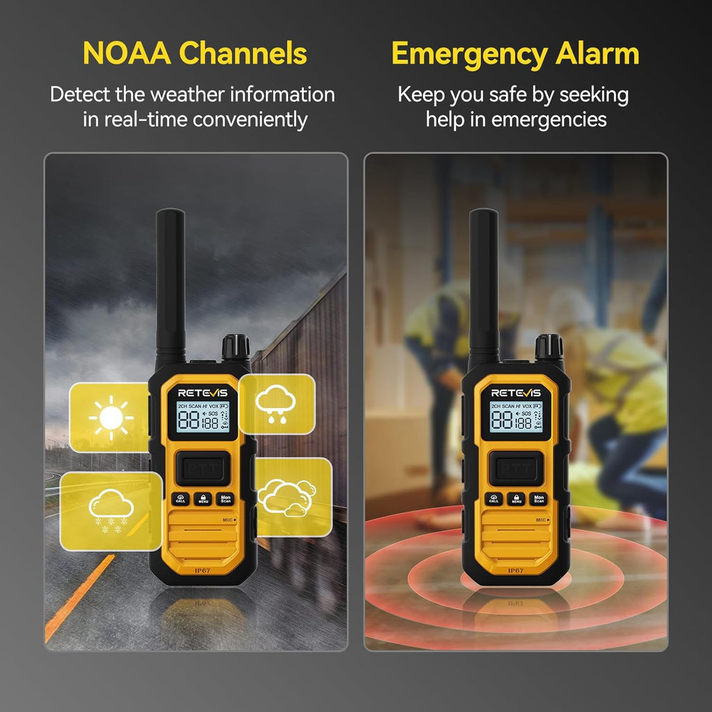 Retevis RB48 Plus IP67 Waterproof Heavy Duty Long Range Walkie Talkies, GMRS Radio, Construction Jobsite Two Way Radio, NOAA, Shock Resistant, Dual PTT, Emergency, Vibration Reminder(4 Pack)