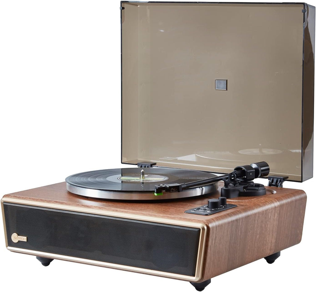 Arkrocket Huygens High Fidelity Bluetooth Record Player with Built-in Speakers Belt Drive Vinyl Turntable with Moving Magnet Cartridge, Bluetooth Input Output and Aux-in (Huygens Walnut)