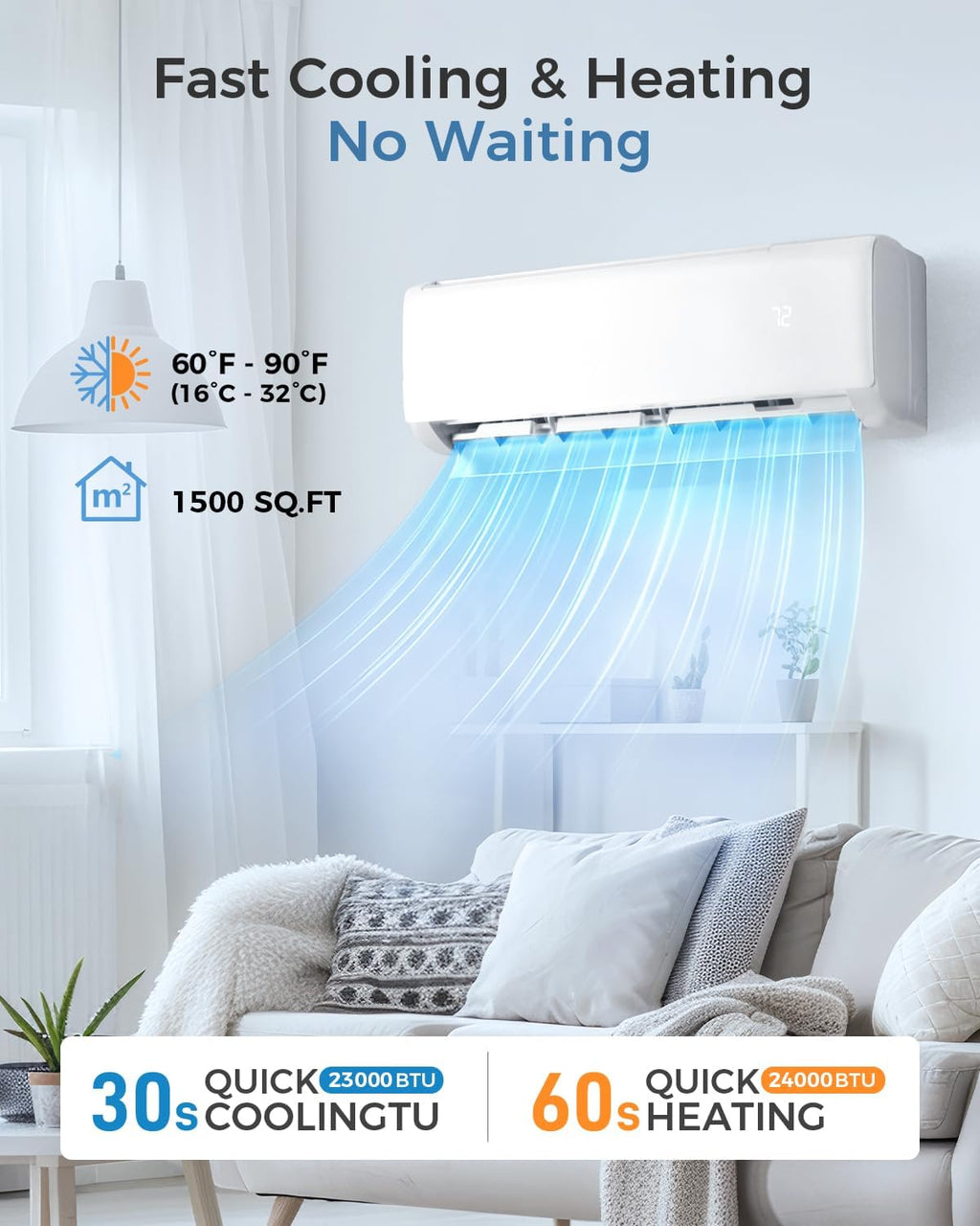 Feelfunn 24000 BTU Mini Split AC/Heating System, 19 SEER2 208-230V, Cools Rooms up to 1250 Sq.Ft, Air Conditioner with Installation Kit, Remote, Wi-Fi Control, Low Noise, Compatible with Alexa
