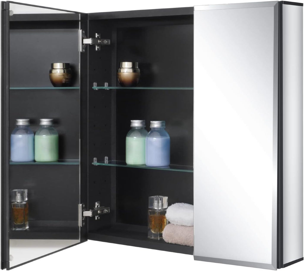Fundin Black Aluminum Medicine Cabinet 24 x 24 Inch Recessed or Surface Mount, with Double Door and Adjustable Shelves.