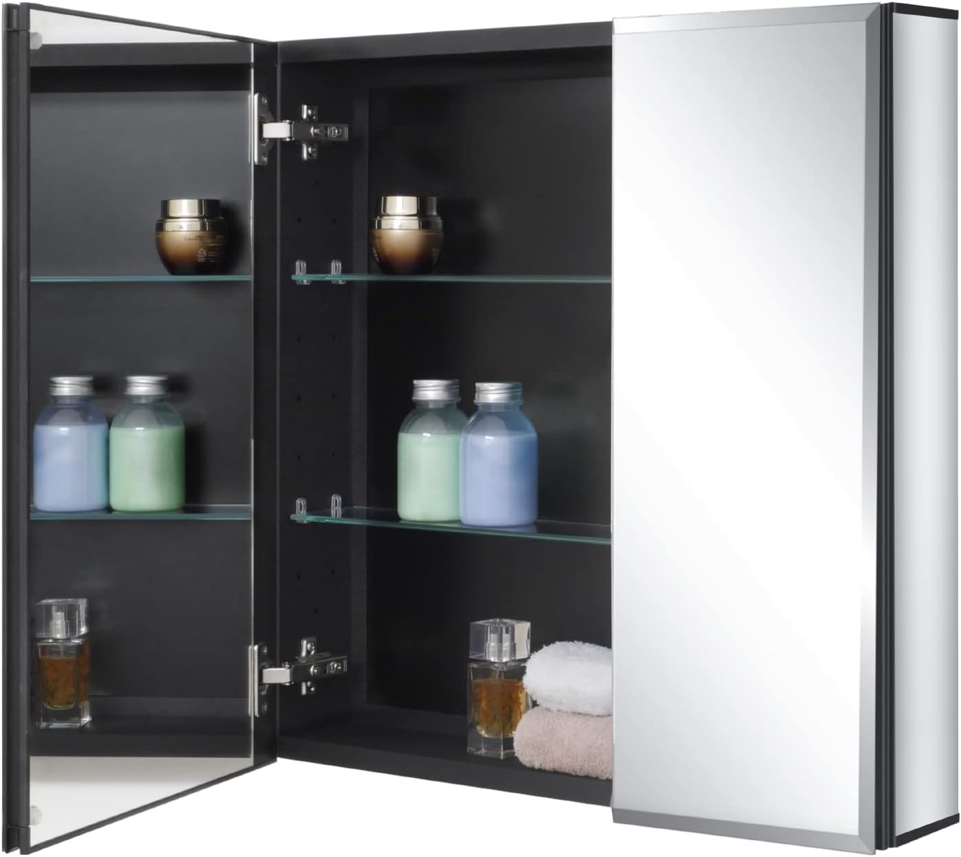 Fundin Black Aluminum Medicine Cabinet 24 x 24 Inch Recessed or Surface Mount, with Double Door and Adjustable Shelves.