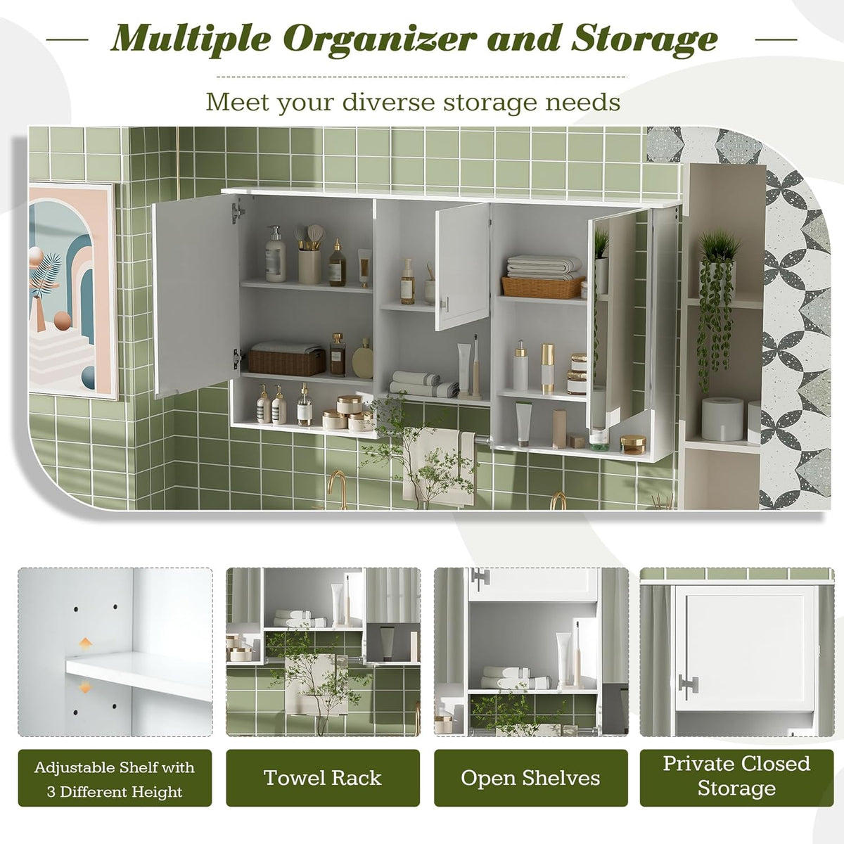 Merax Medicine Cabinet for Bathroom, Wall Mount Bathroom Cabinet with Mirror, Open Shelf, and Towel Bar, 55" W x 28.7" H Over The Toilet Mirrored Bath Wall Cabinet