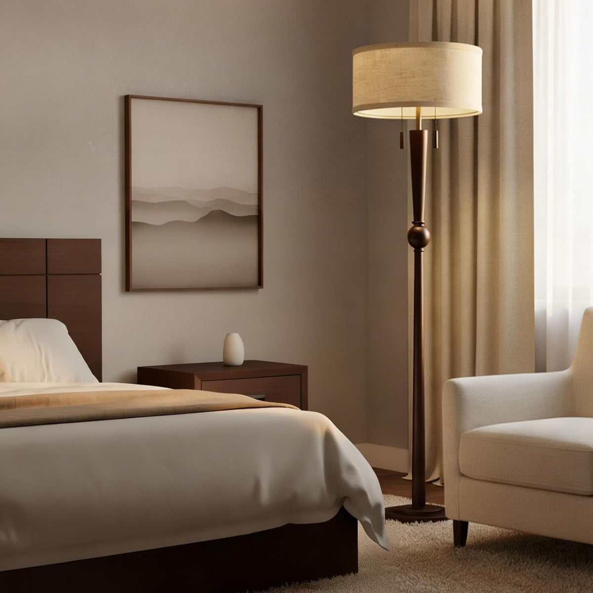 MOFFE 62.8" Solid Wood Floor Lamp,Tall Standing Floor Lamp with 2-Light Pull Chain, 17" Linen Drum Shade, Sculptural Wood Base & Stem,Transitional Floor Lamp for Living Room Bedroom, Includes 2 Bulbs