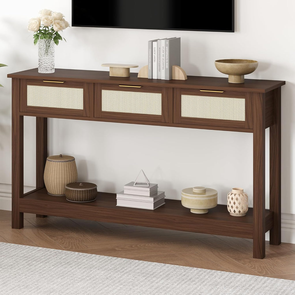 Luoxiao Console Table for Entryway with 3 Rattan Drawers Boho Entry Table with Storage Open Shelf, Narrow Long Sofa Tables for Living Room, Hallway, Foyer, Couch, Front Door, Walnut, 47 Inch