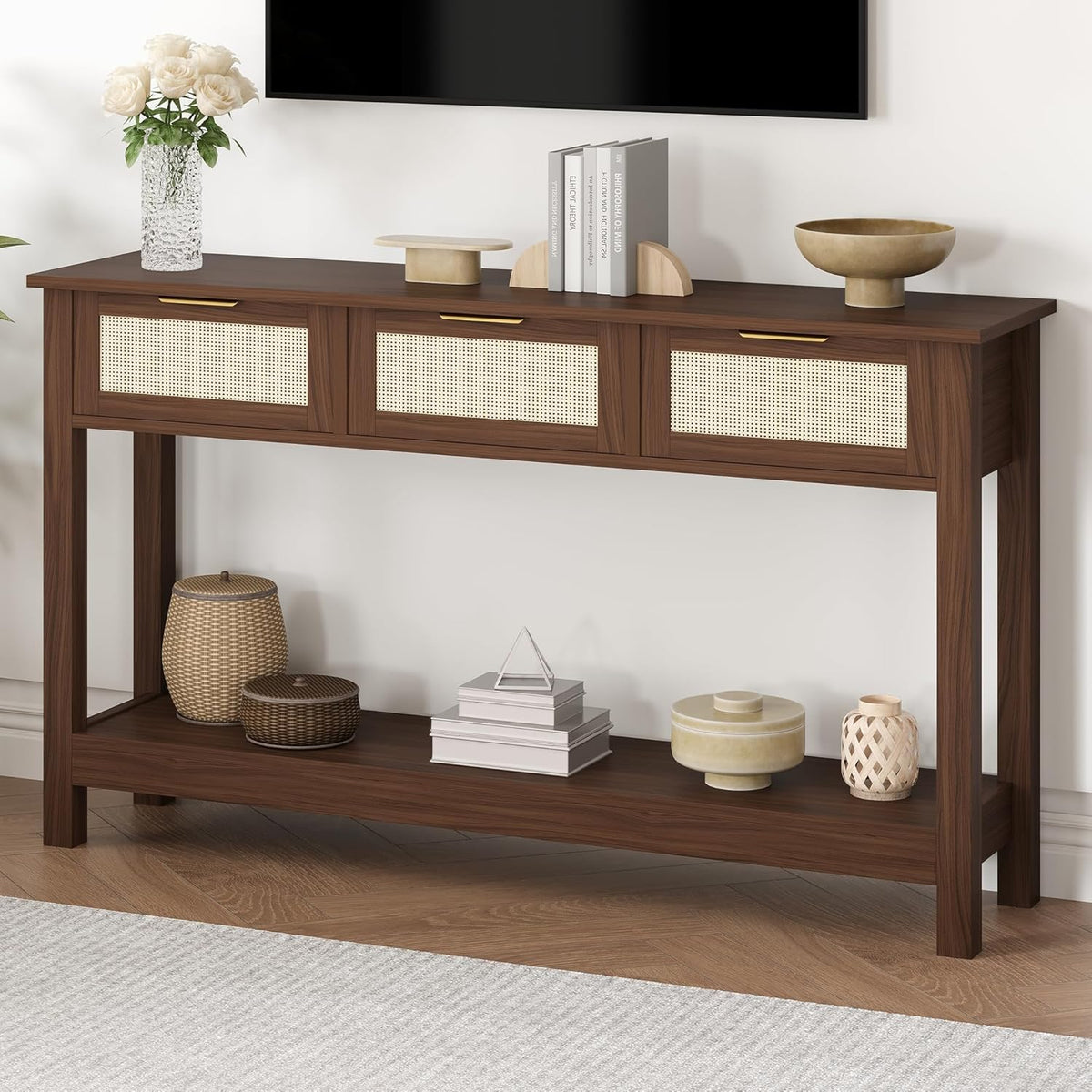 Luoxiao Console Table for Entryway with 3 Rattan Drawers Boho Entry Table with Storage Open Shelf, Narrow Long Sofa Tables for Living Room, Hallway, Foyer, Couch, Front Door, Walnut, 47 Inch