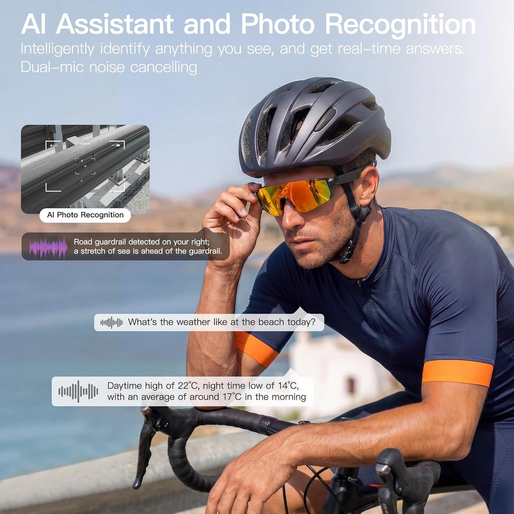 Sport AI Smart Glasses with Camera and EIS Stabilization, Bluetooth 8MP HD Camera 1200P Video Recording, AI Voice Assistant Photo Recognition, Real-Time Translation, Polarized Lenses Sunglasses