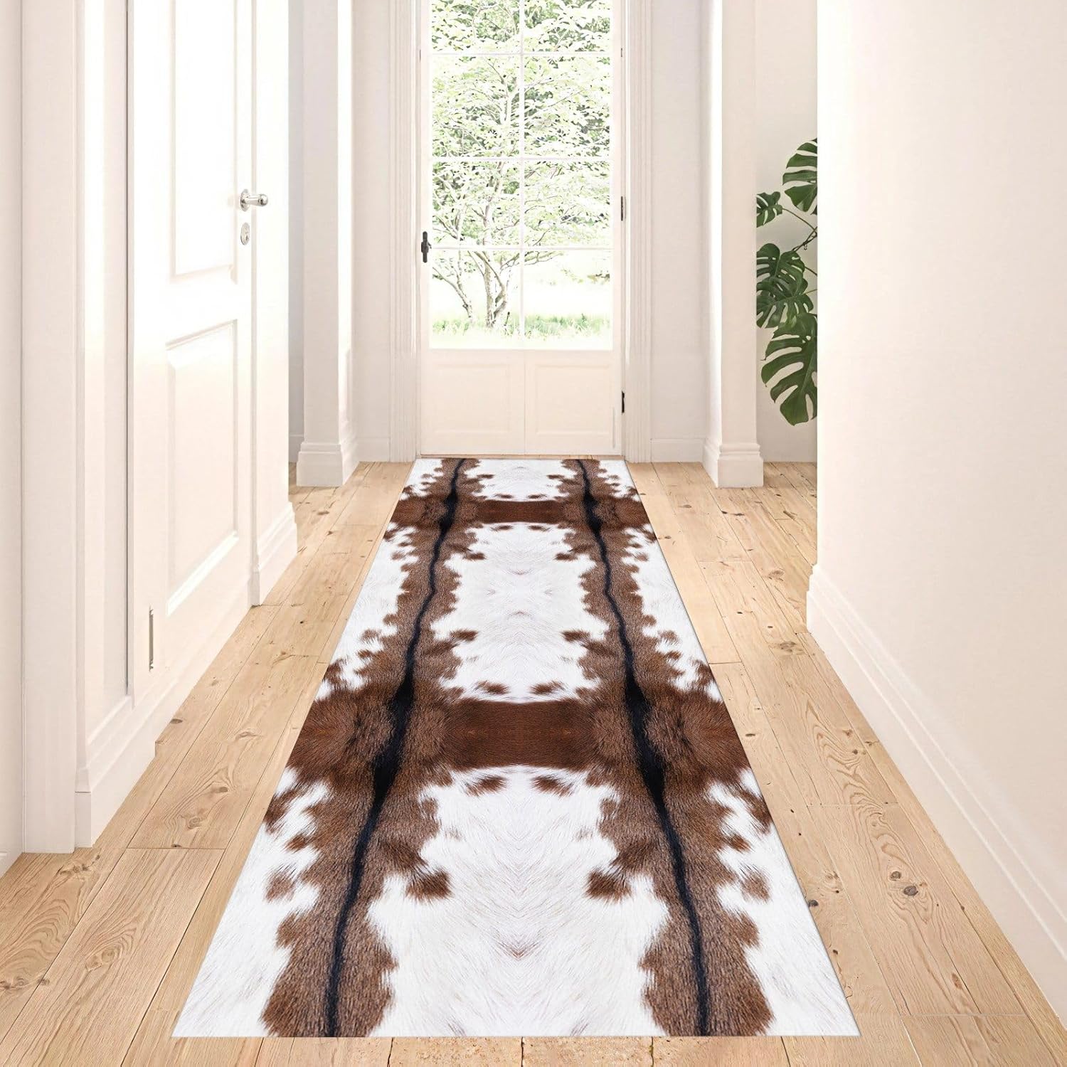 4x12ft Cow Hide Long Runner Rugs,Black White Brown Cow Print Washable Rug Low Pile No Shedding Hallway Runners Western Decor Indoor Mats for Entryway Laundry Room