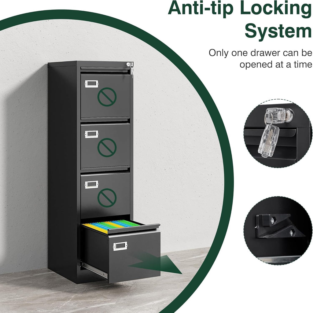 4 Drawer File Cabinet with Lock, Metal Filing Cabinets, Vertical Small Filing Cabinet Steel Lockable Storage Cabinets for Home Office to Organization Hanging Letter/Legal/F4/A4