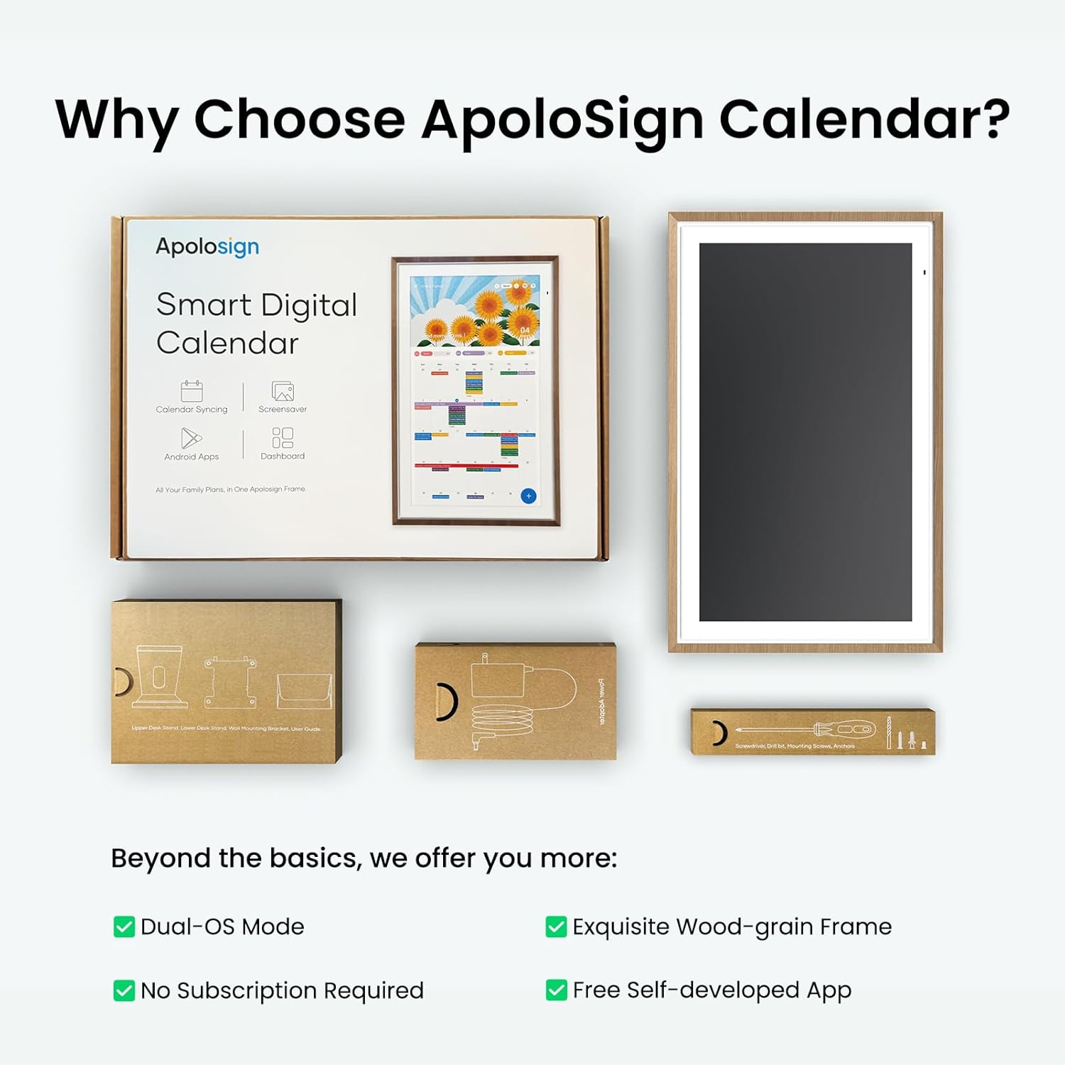 Apolosign 15.6-inch Digital Calendar : Dual Mode Smart Wall Planner, No Subscription, Install Apps, Sync Calendars, Electronic Touchscreen Interactive Display for Family Schedules, Chore Chart - with Stand (Teak)