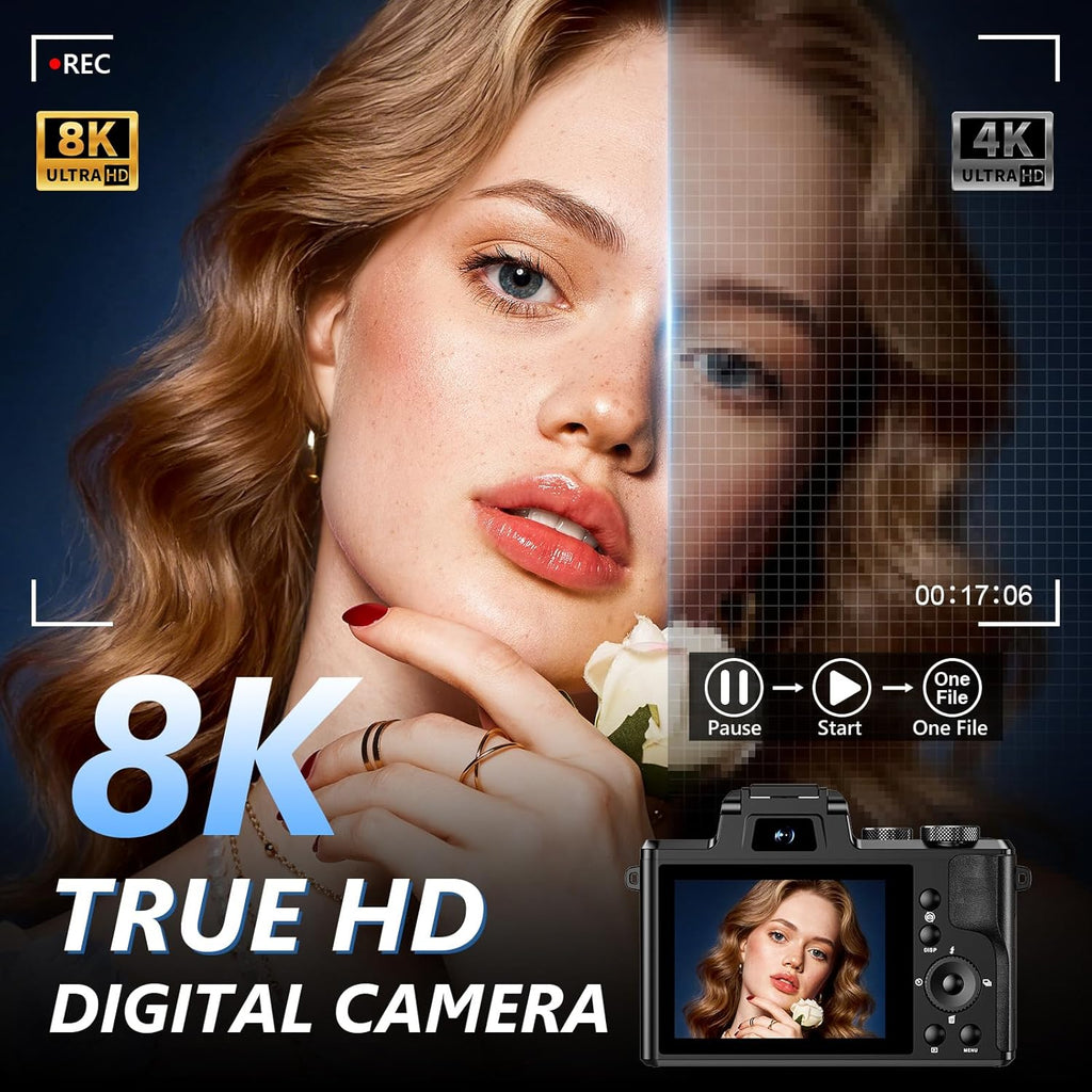 8K Digital Camera, 88MP WiFi Cameras for Photography with 3.2" Touchscreen, 16X Zoom Autofocus Professional Dual Camera, Anti-Shake, 2 Batteries, 64GB Card, Flash, Lens Hood
