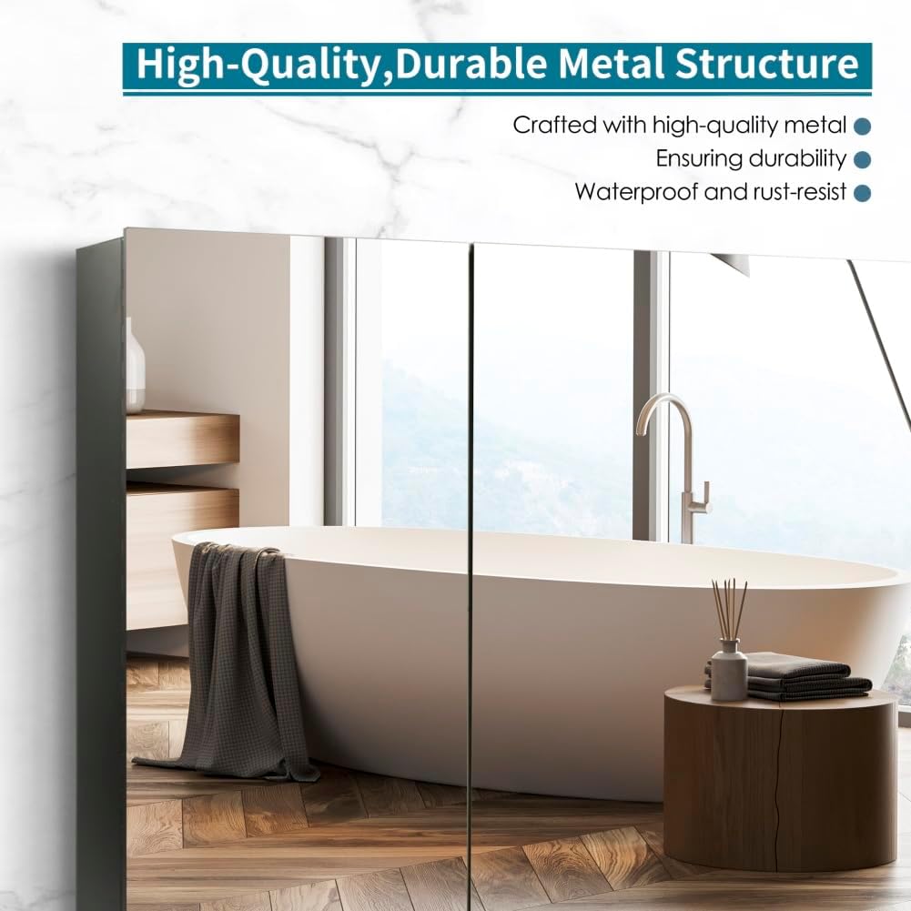 Movo 40 Inch x 28 Inch Black Bathroom Mirror Medicine Cabinet, Frameless Large Wall Mount Medicine Cabinet with 3 Doors,Rmovable Shelves