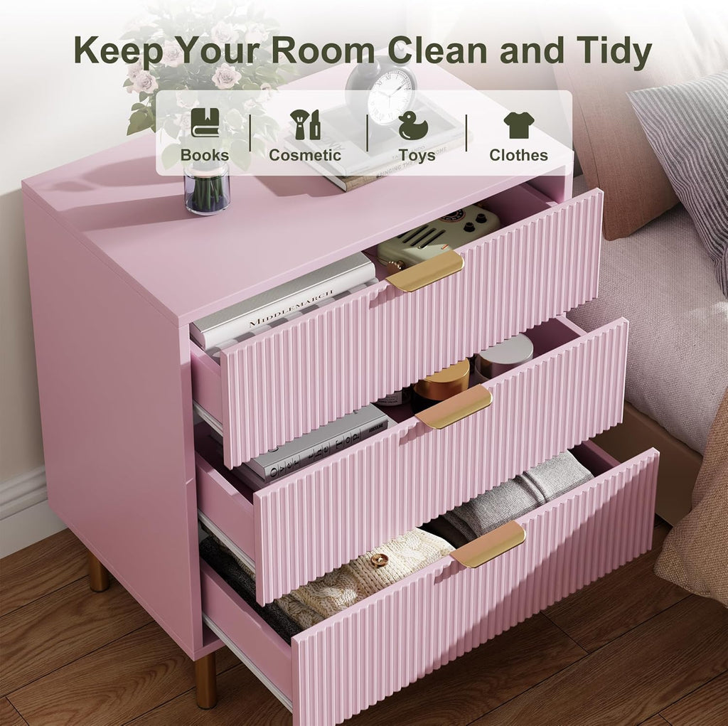 IDEALHOUSE Pink Dresser, Modern 3 Drawer Dresser for Bedroom with Gold Handle and Large Drawer, Wood Double Chest of Drawers and Storage Organizer for Living Room, Hallway, Entryway