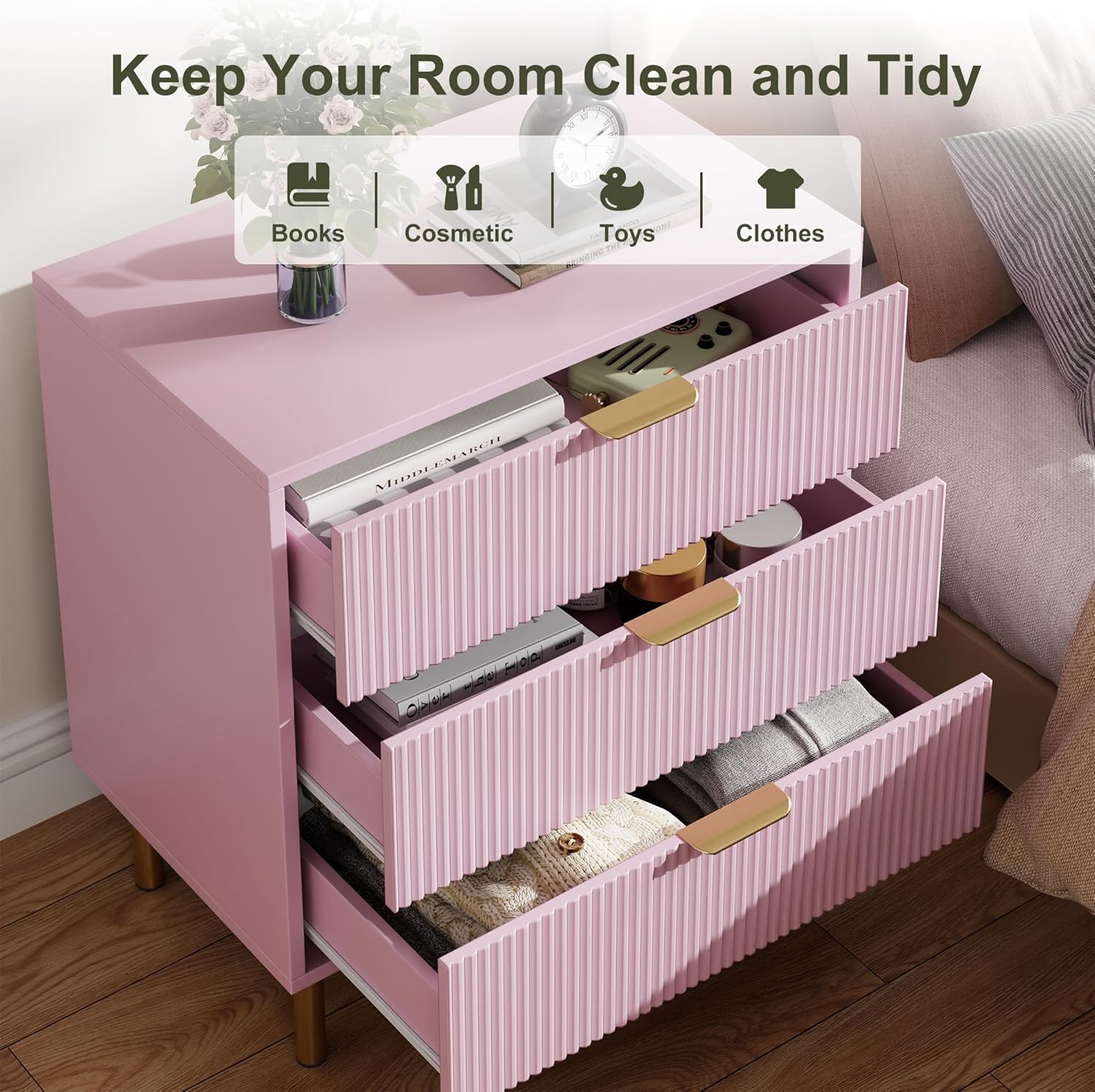 IDEALHOUSE Pink Dresser, Modern 3 Drawer Dresser for Bedroom with Gold Handle and Large Drawer, Wood Double Chest of Drawers and Storage Organizer for Living Room, Hallway, Entryway